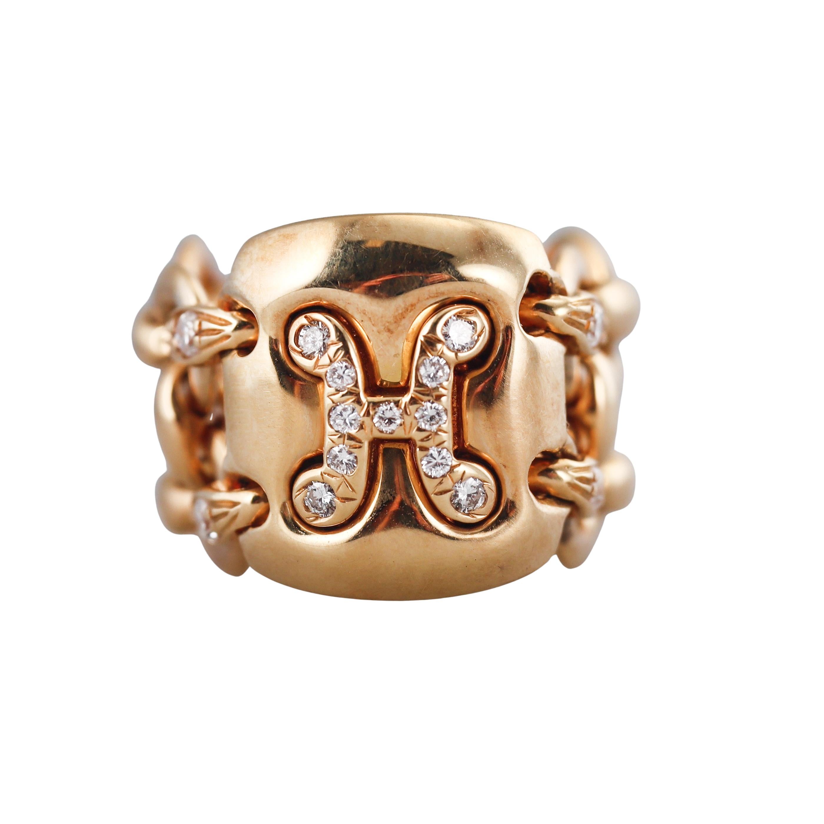 Hermes Vintage Diamond Gold H Chain Band Ring