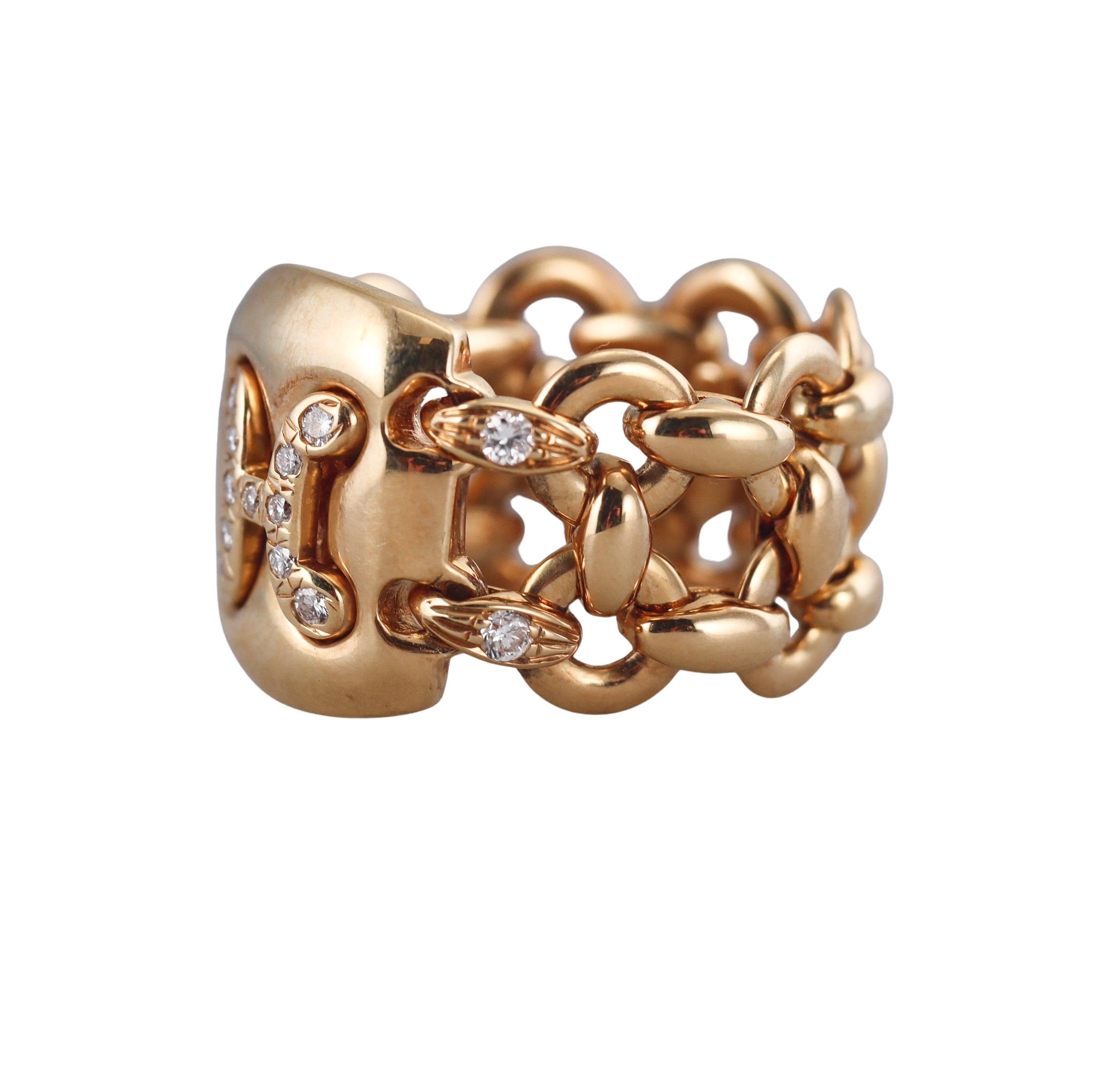Hermes Vintage Diamond Gold H Chain Band Ring