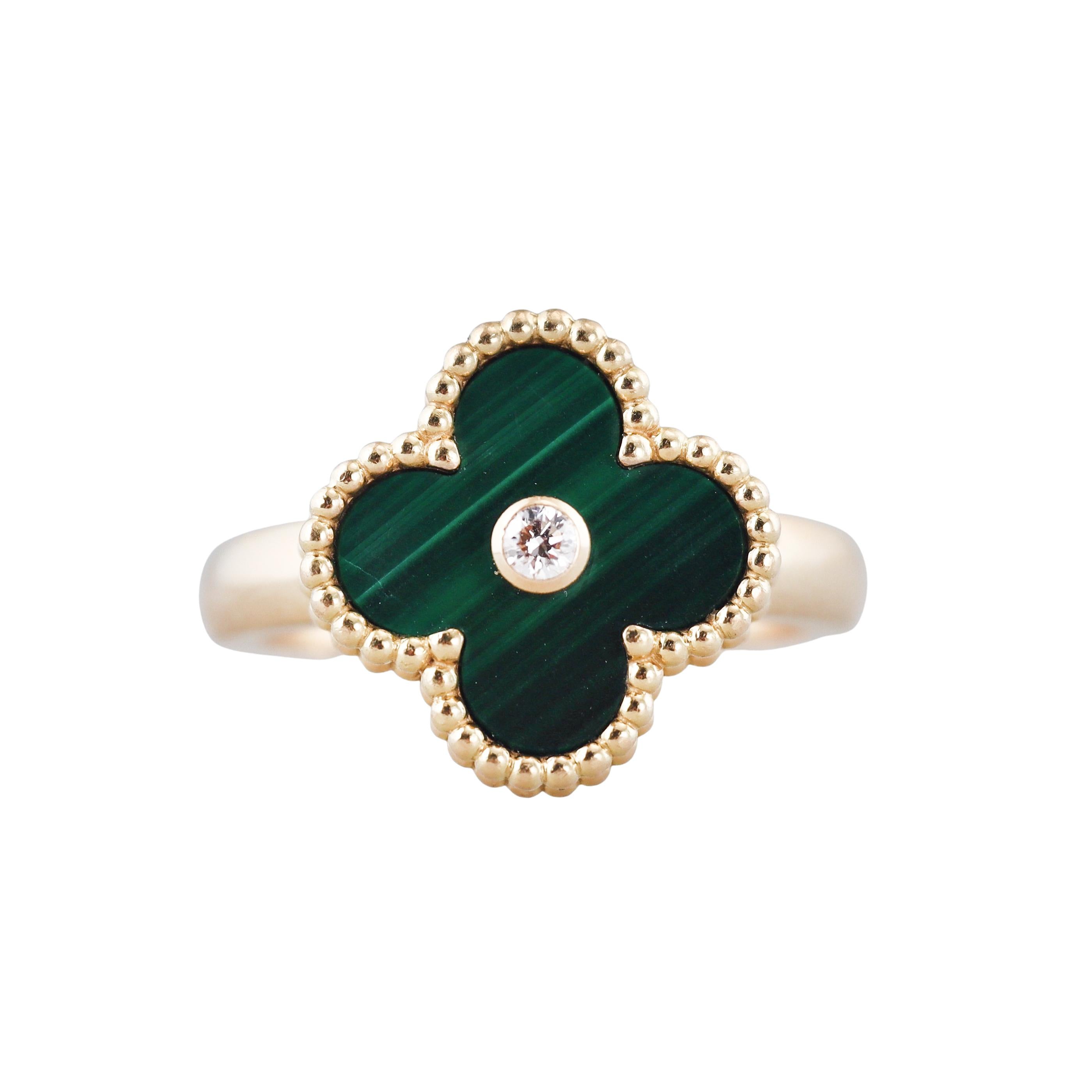 Van Cleef & Arpels Vintage Alhambra Malachite Diamond Gold Ring