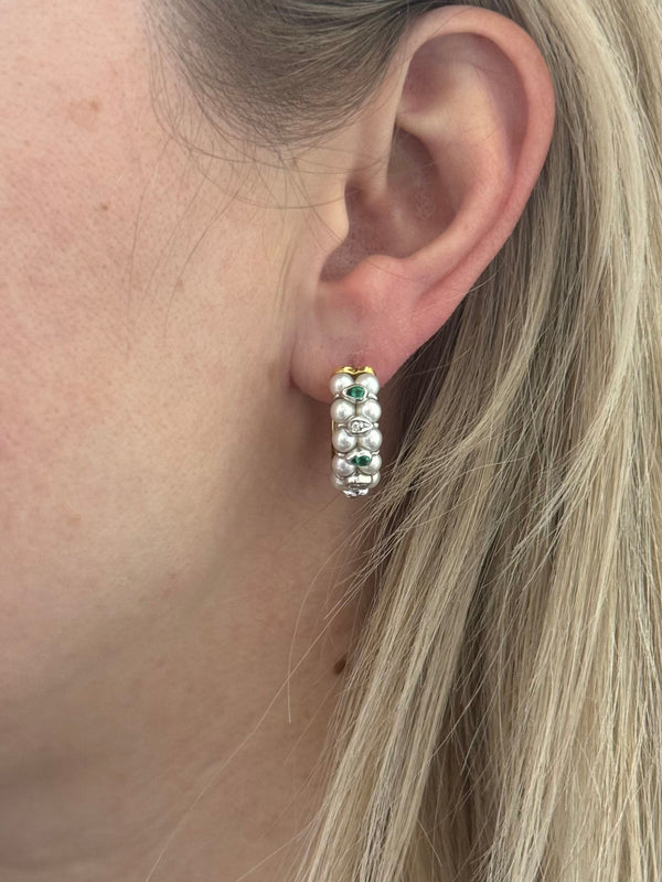 Italian Mikawa for Damiani Gold Diamond Emerald Pearl Hoop Earrings