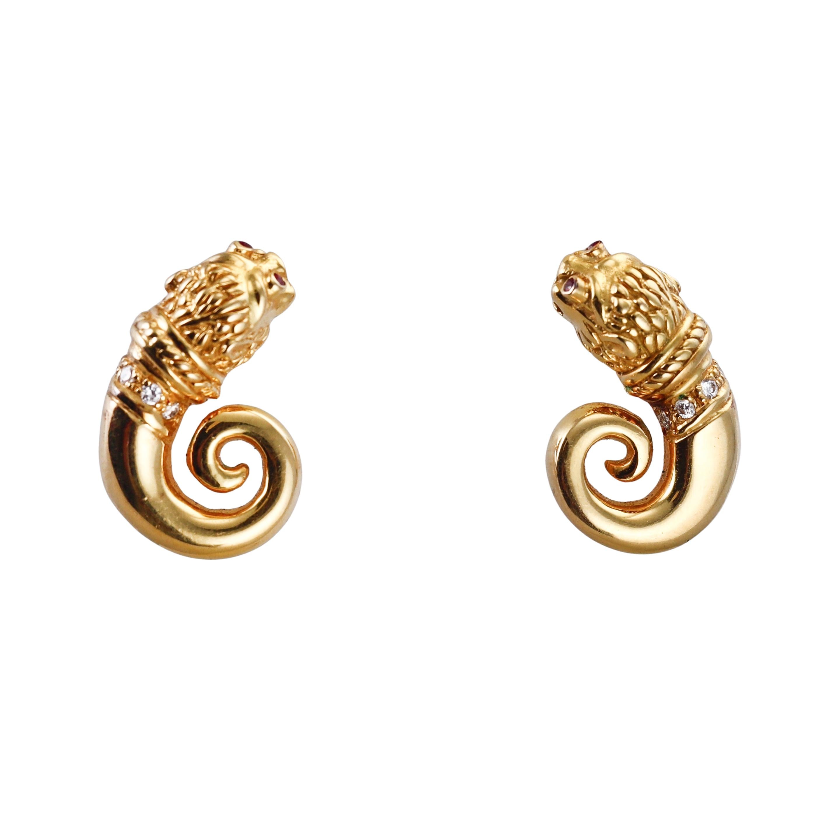 Zolotas Greece Gold Ruby Diamond Chimera Swirl Earrings