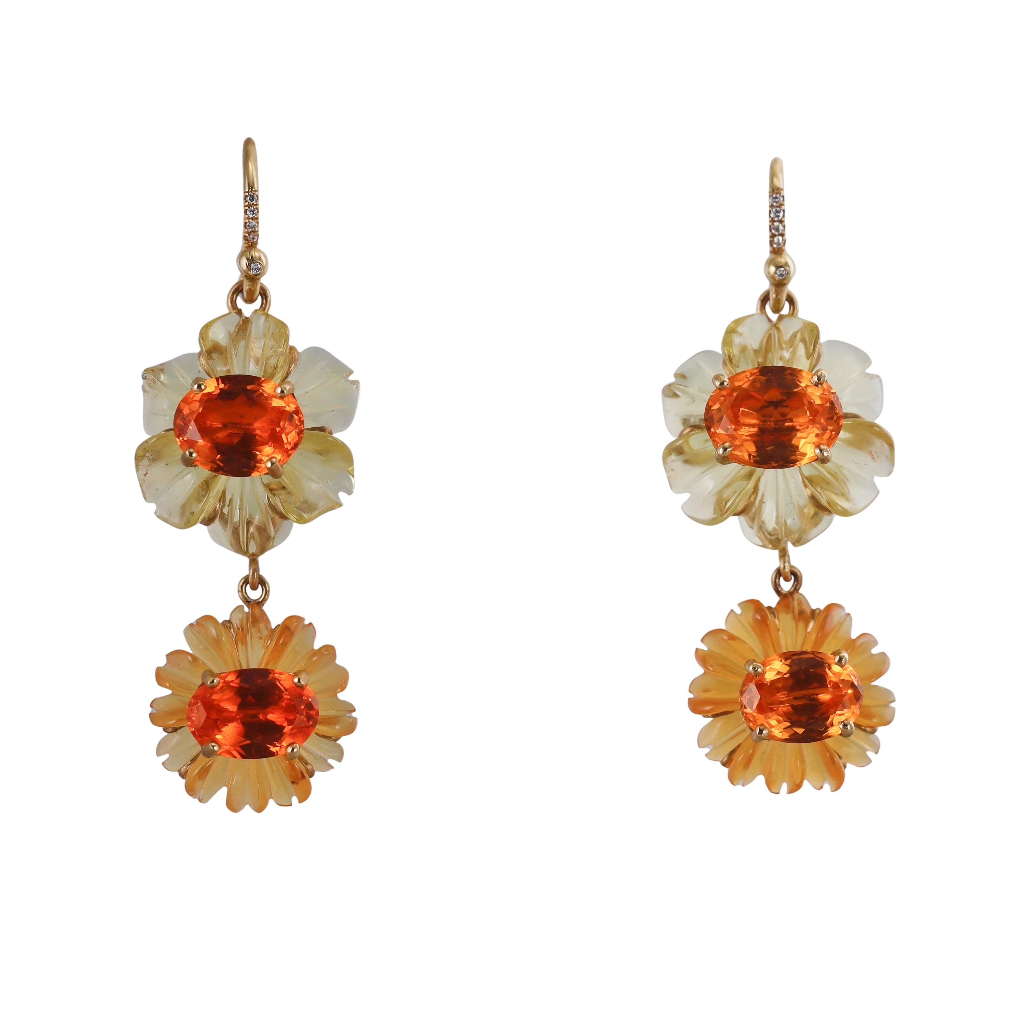Irene Neuwirth Carved Fire Opal Diamond Gold Flower Drop Earrings