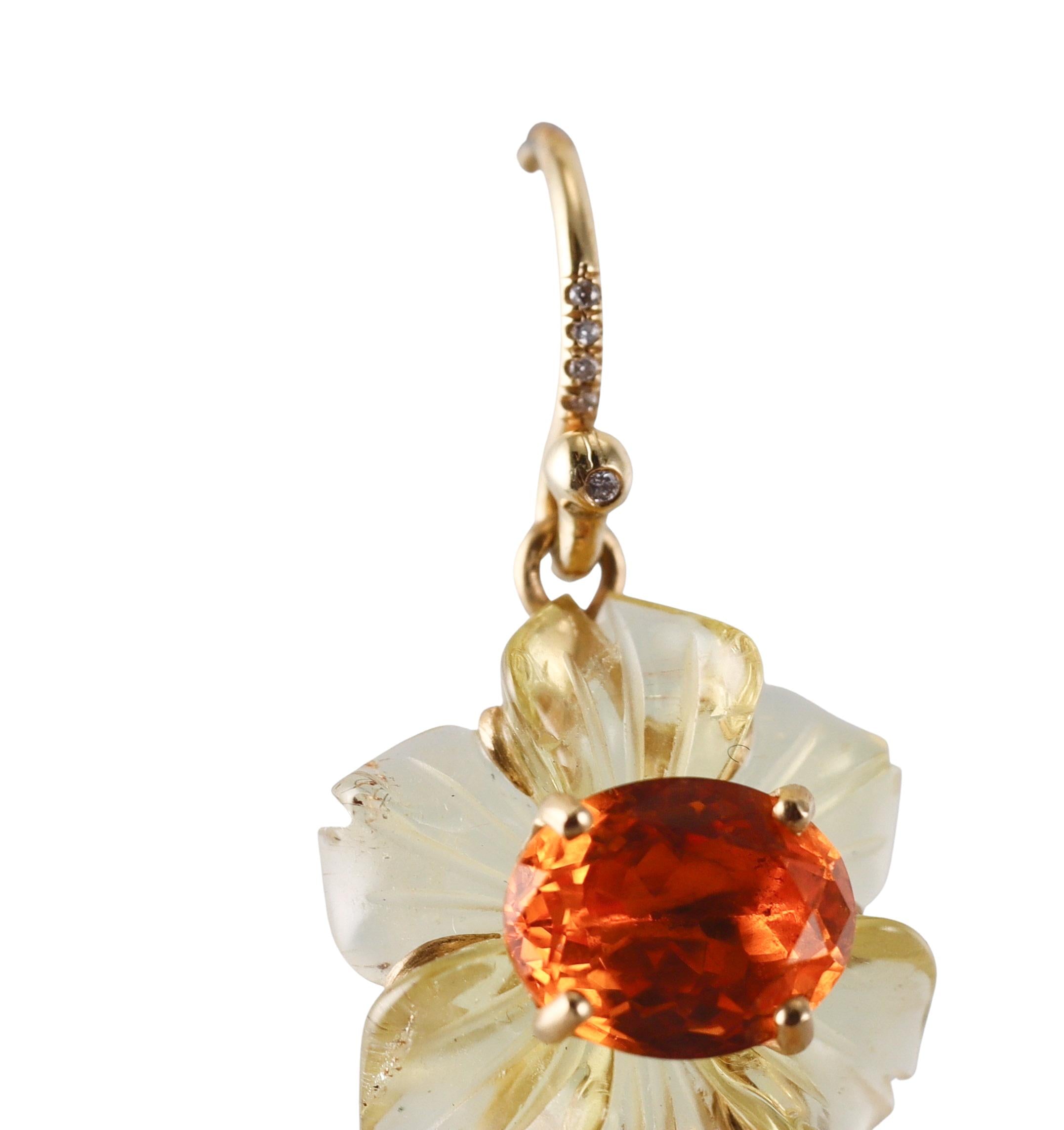 Irene Neuwirth Carved Fire Opal Diamond Gold Flower Drop Earrings