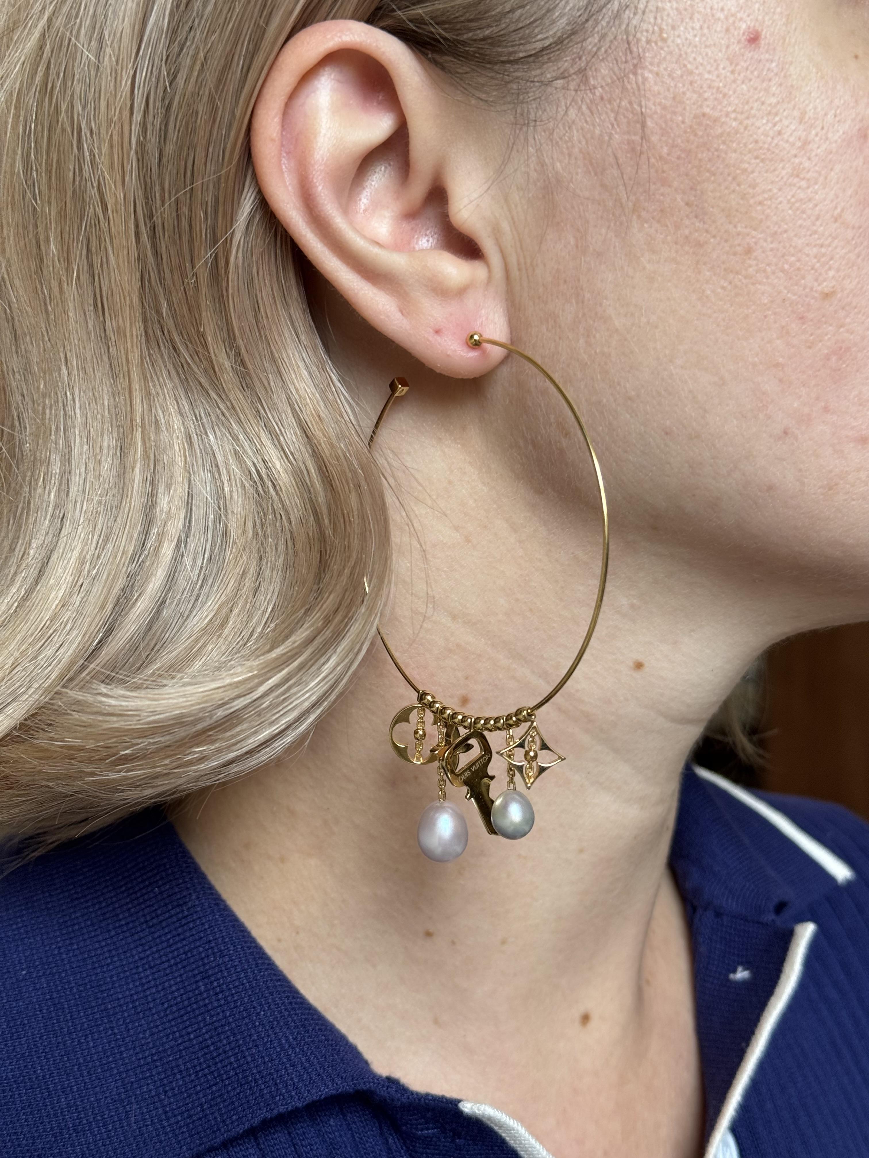 Louis Vuitton Pearl Gold Charm Hoop Earrings