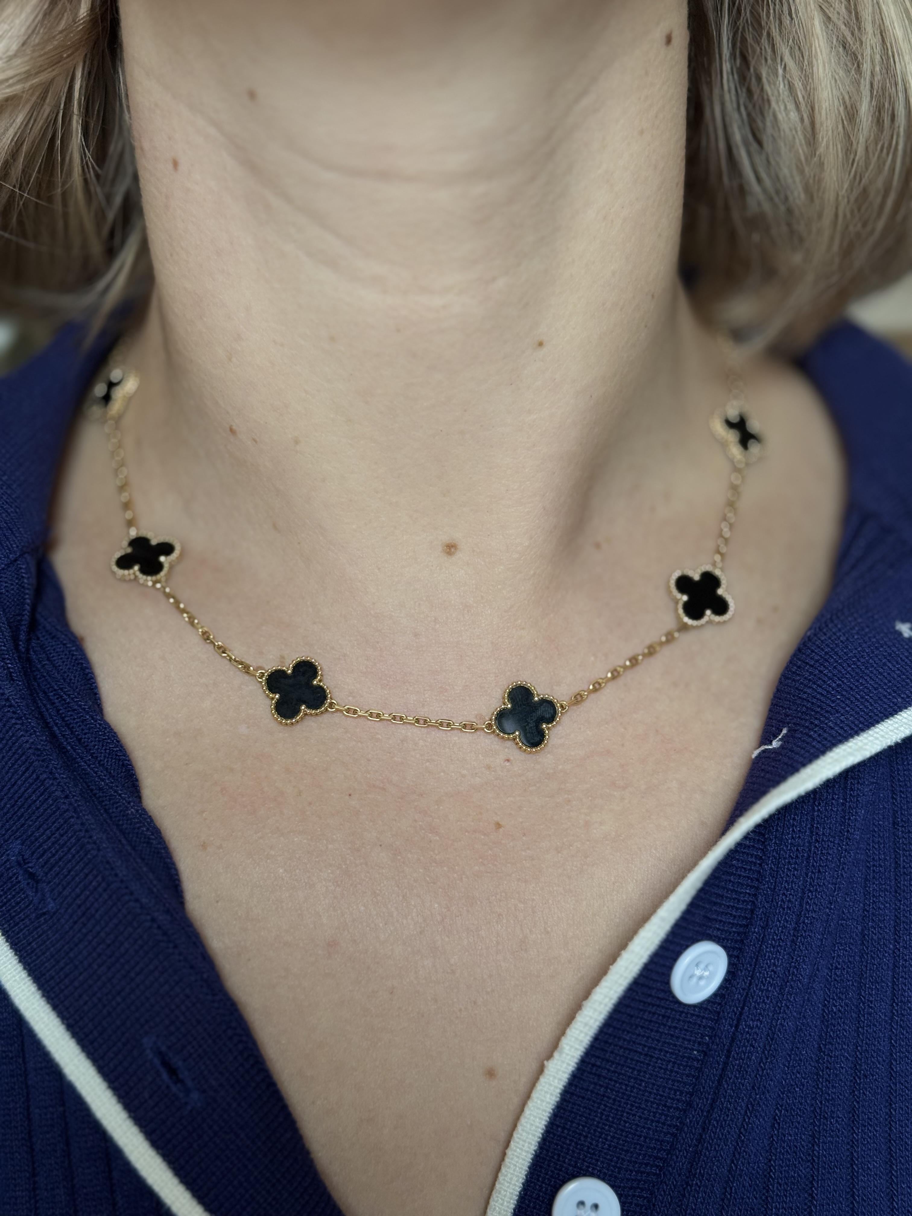 Van Cleef & Arpels Vintage Alhambra Onyx Gold 10 Motifs Necklace