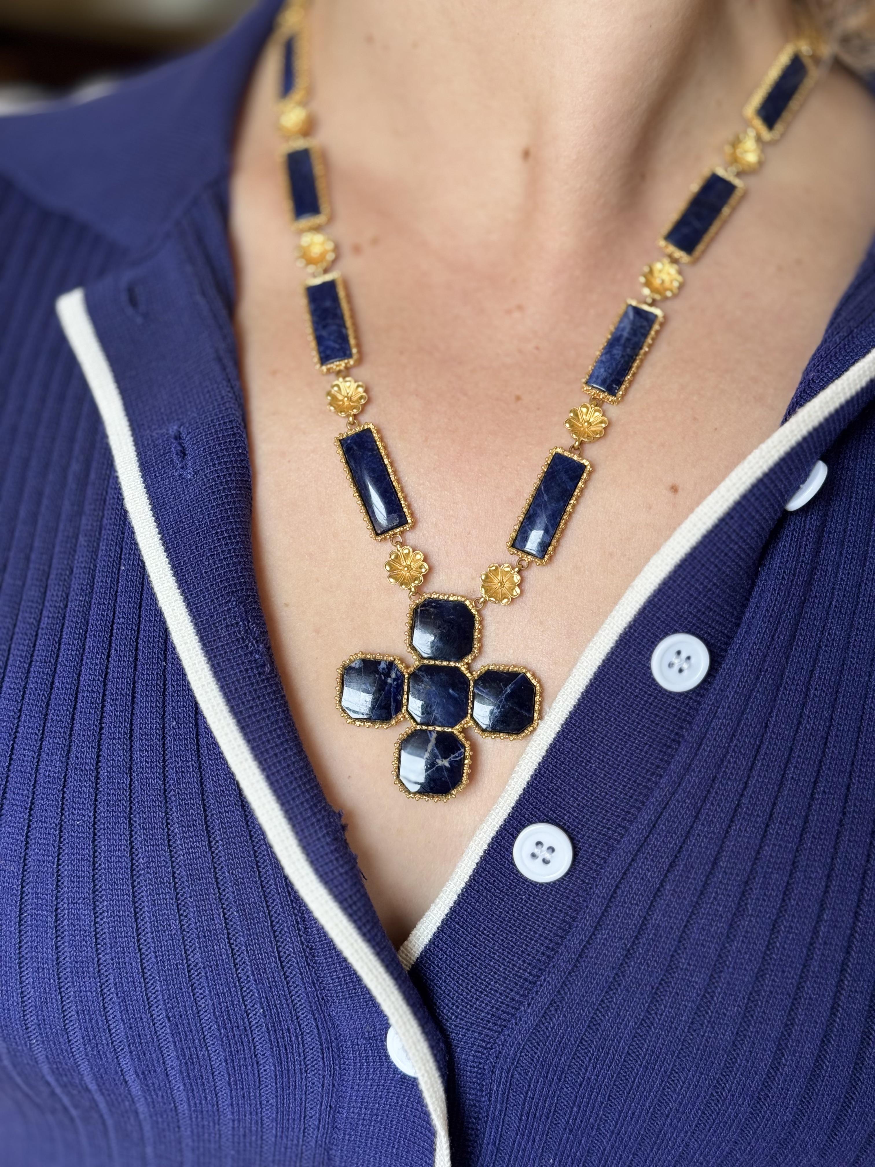 Lalaounis Greece Sodalite Gold Pendant Necklace