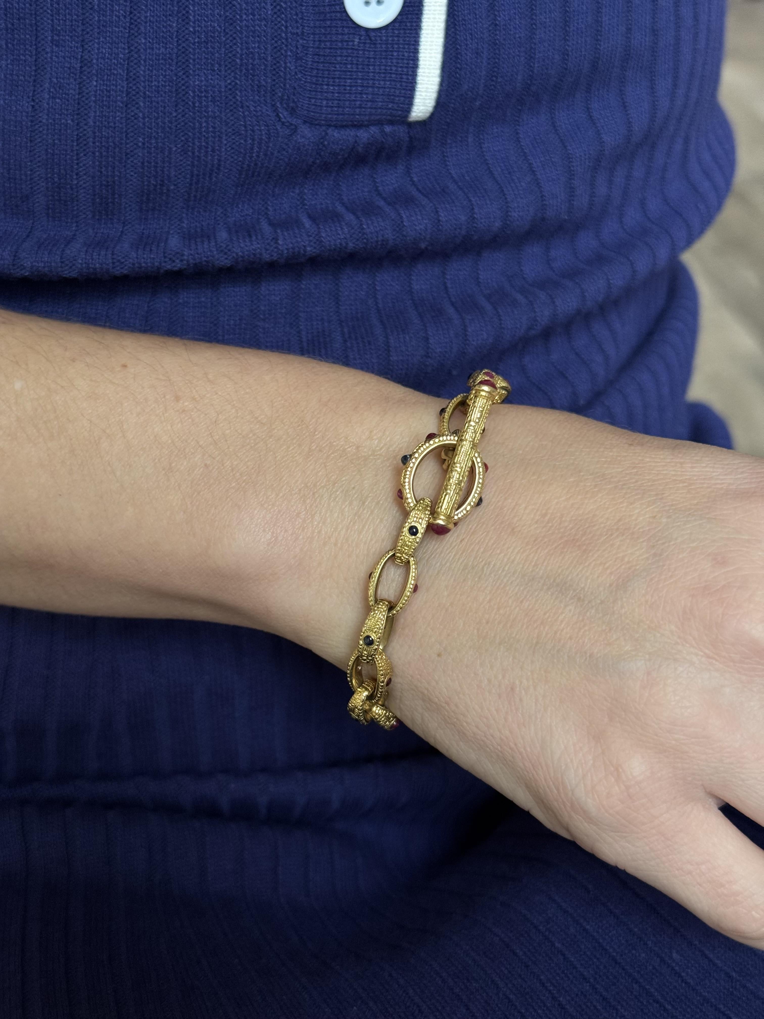 Alex Sepkus Vintage Sapphire Ruby Gold Oval Link Toggle Bracelet
