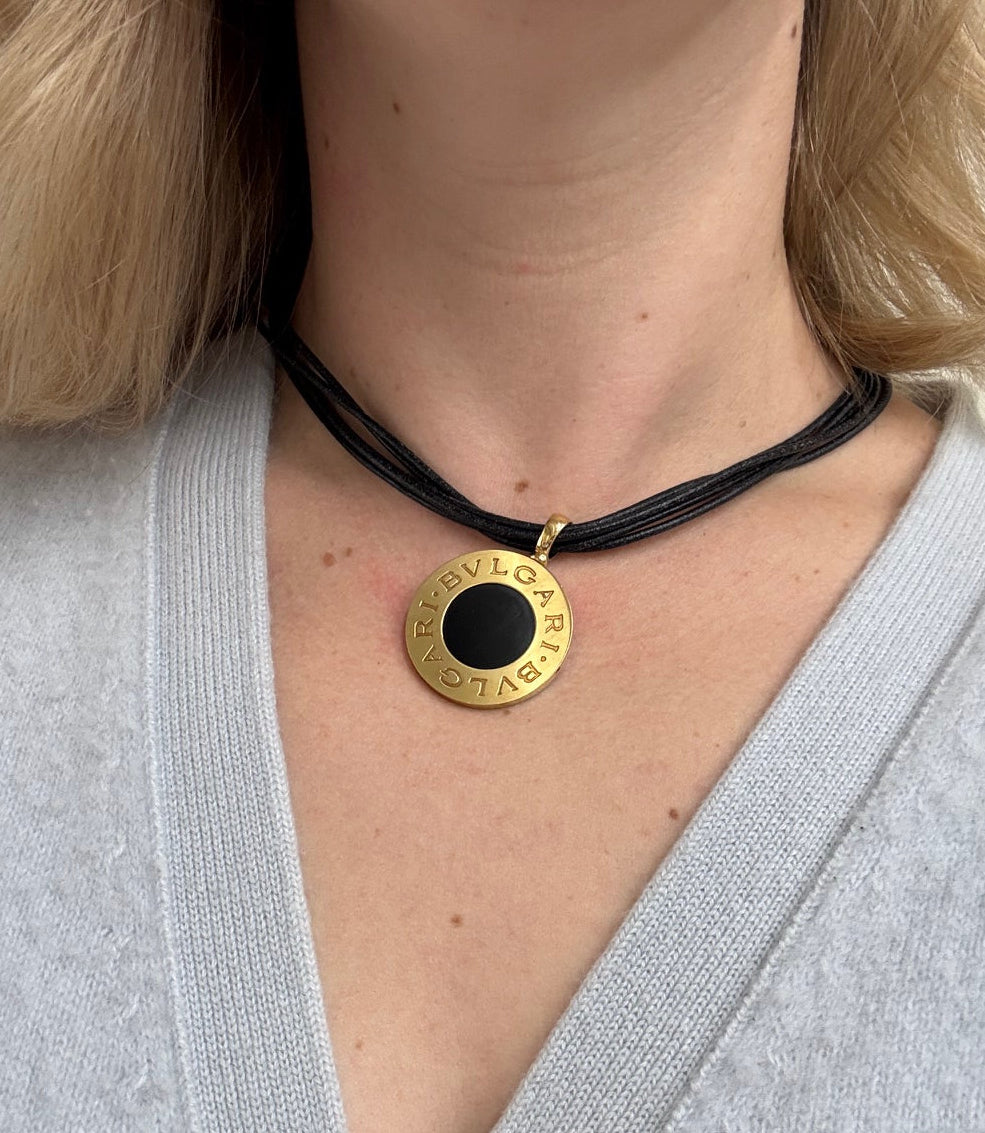 Bulgari Onyx Gold and Steel Pendant Cord Necklace