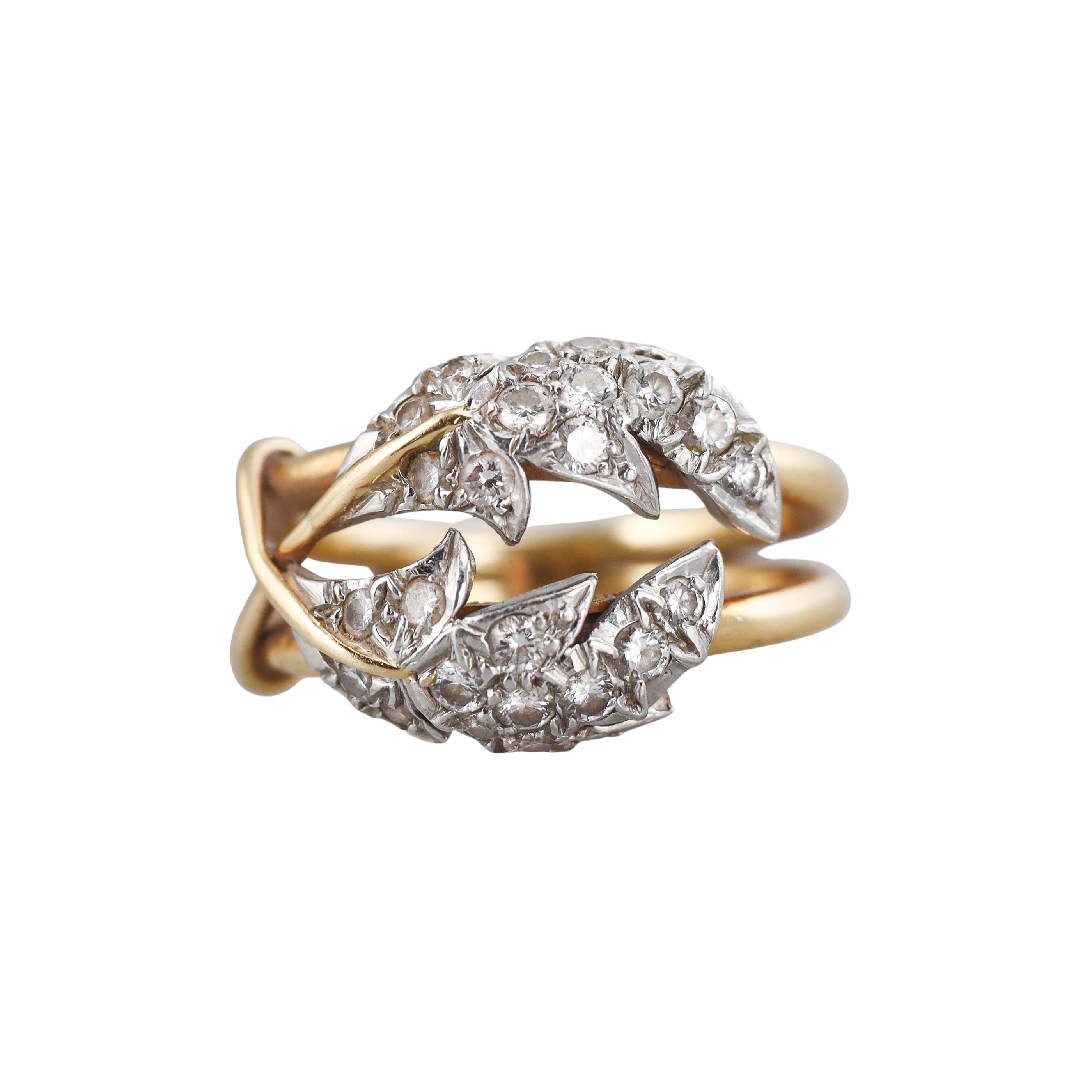 Tiffany & Co Schlumberger Two Leaves Diamond Gold Platinum Ring