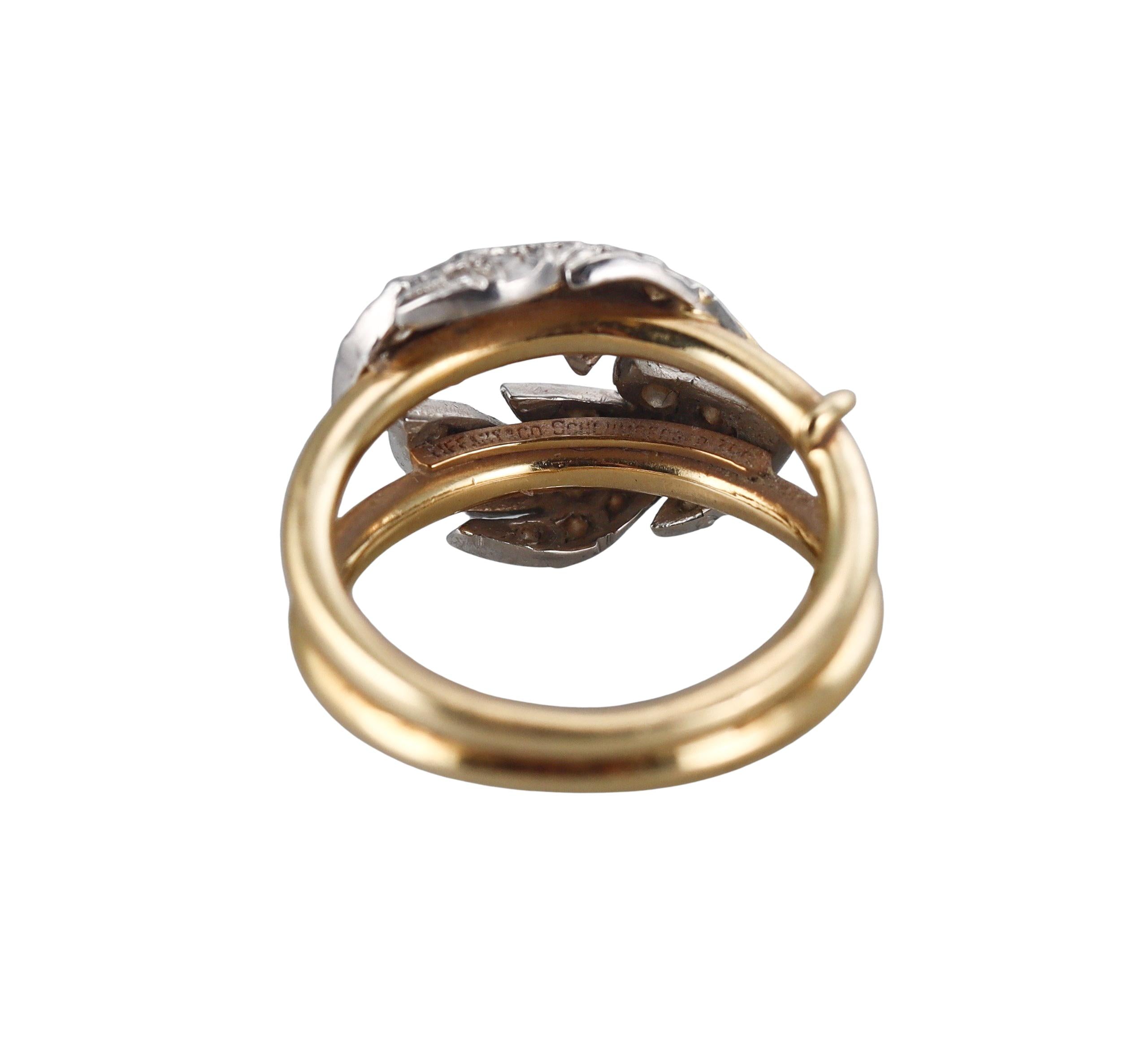 Tiffany & Co Schlumberger Two Leaves Diamond Gold Platinum Ring