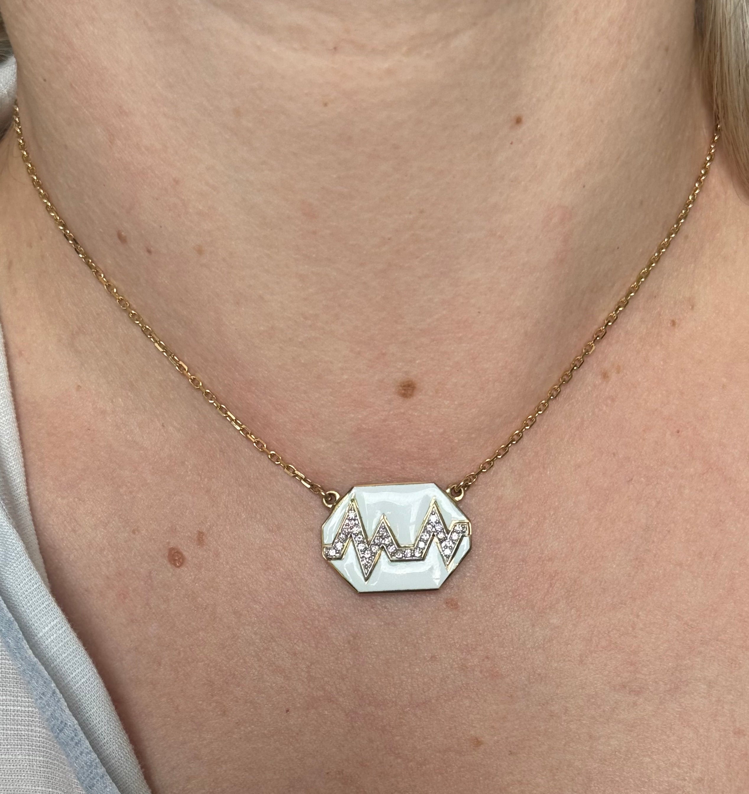 David Webb Gold Platinum Diamond White Enamel Skip Necklace
