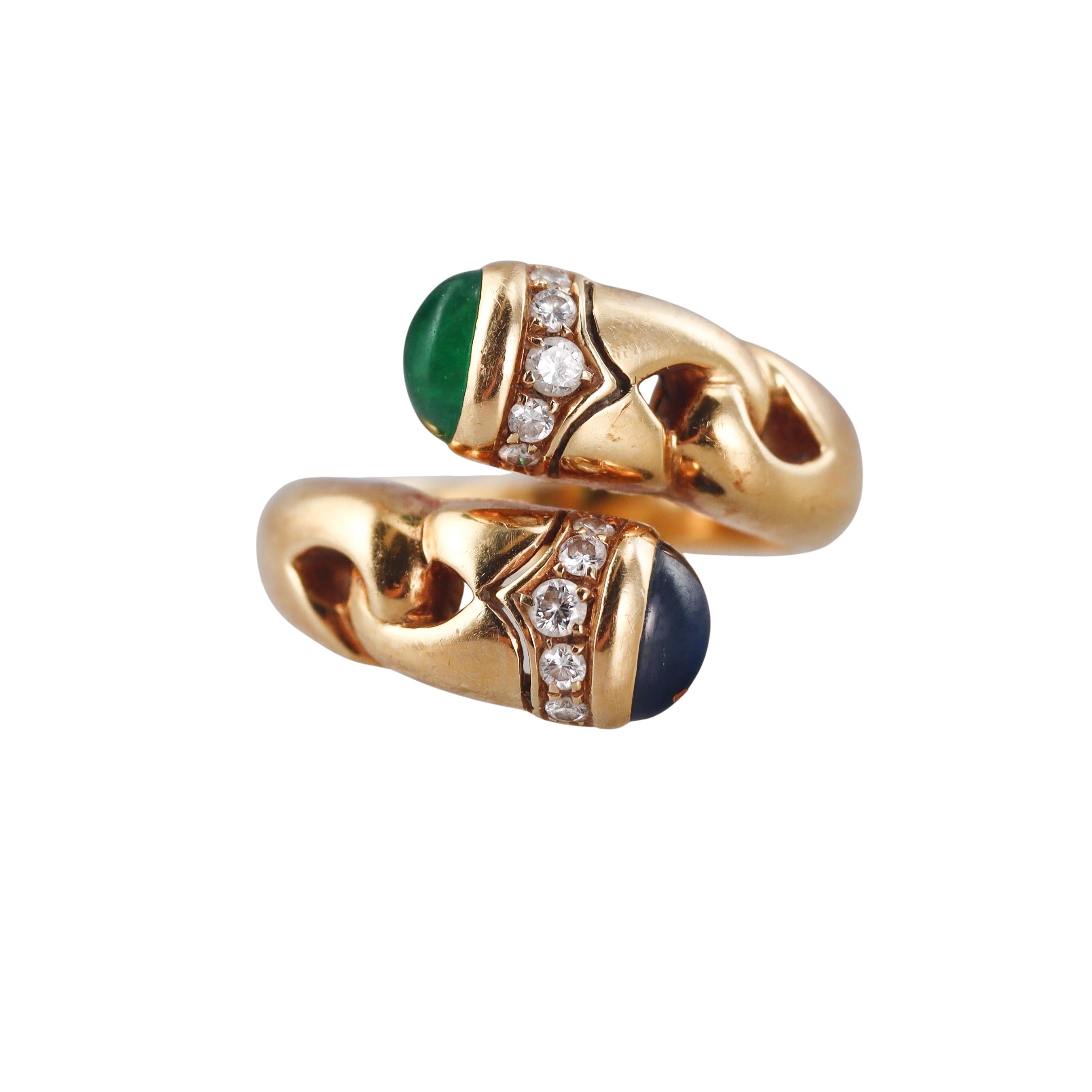 Bulgari Roma Doppio Emerald Sapphire Diamond Gold Bypass Ring