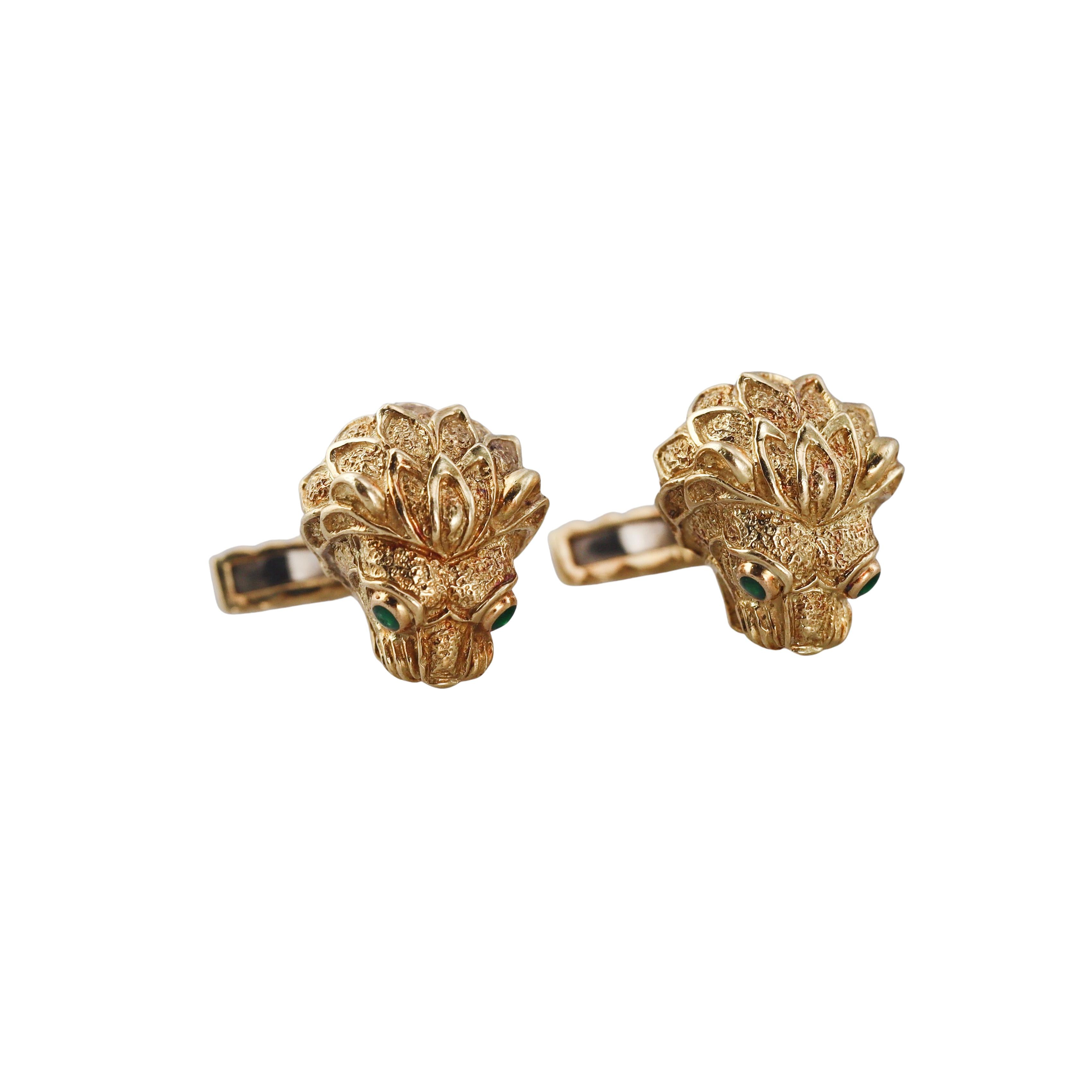 David Webb Emerald Gold Lion Head Cufflinks
