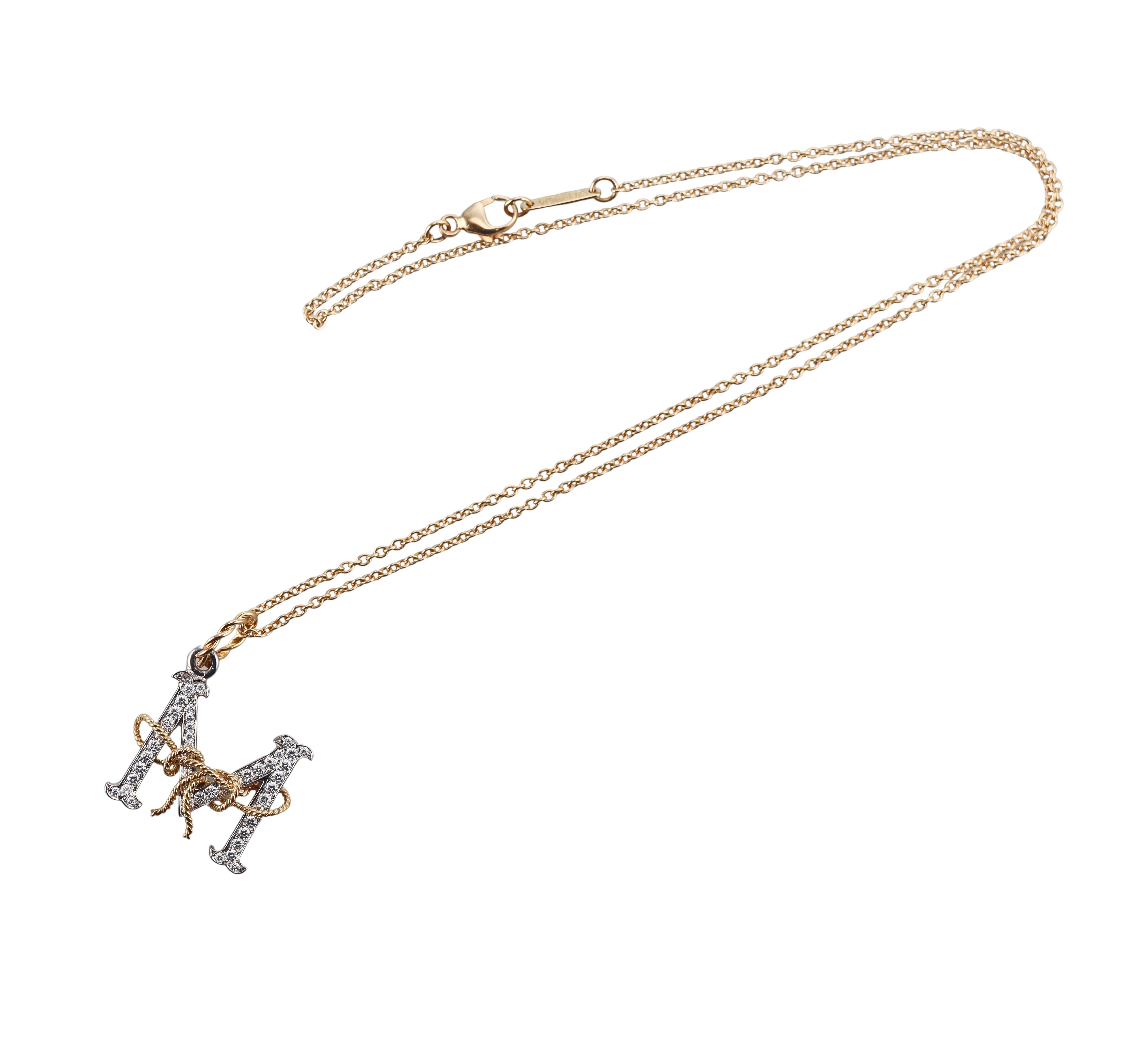 Verdura Diamond Gold Platinum Small Caps Letter M Pendant Necklace
