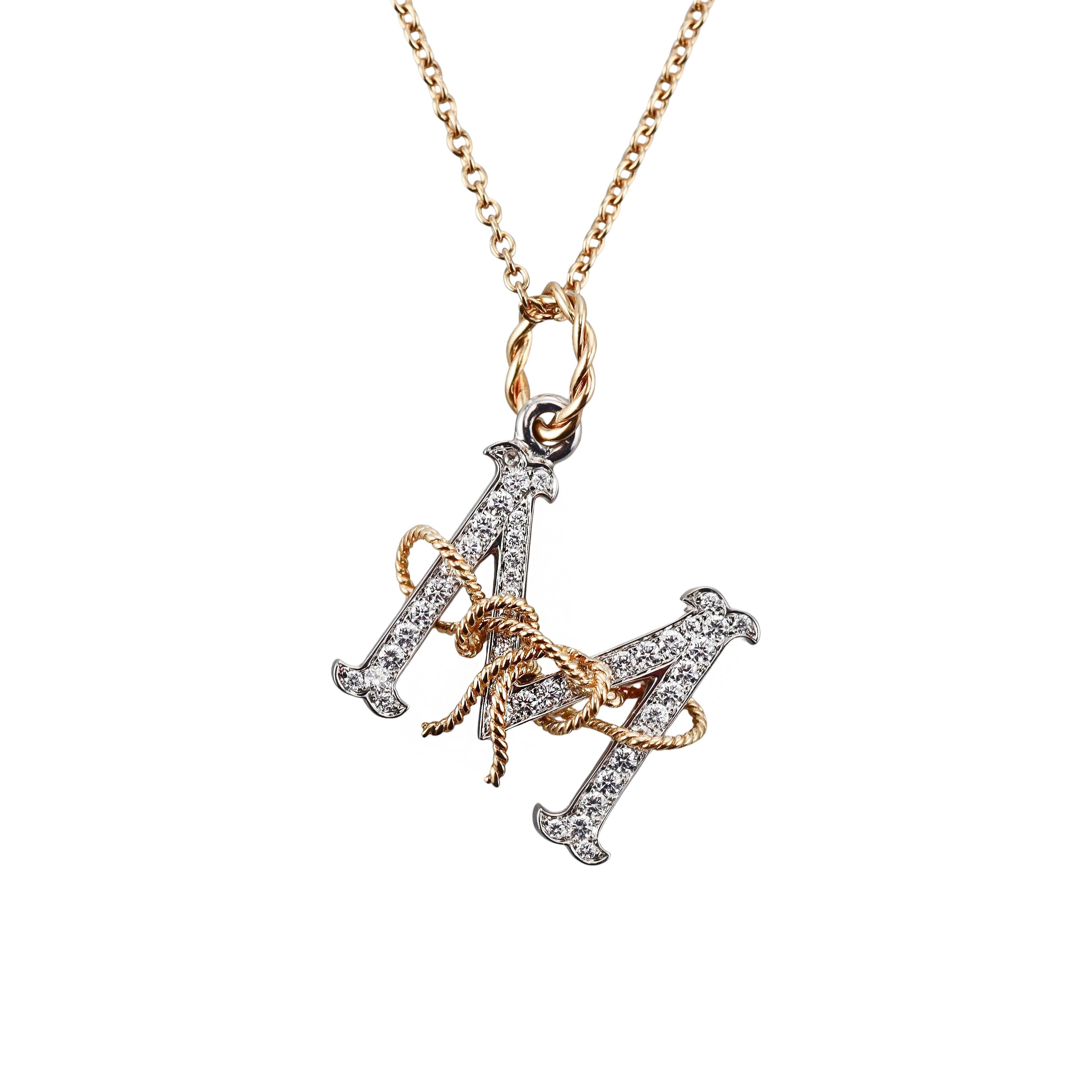 Verdura Diamond Gold Platinum Small Caps Letter M Pendant Necklace