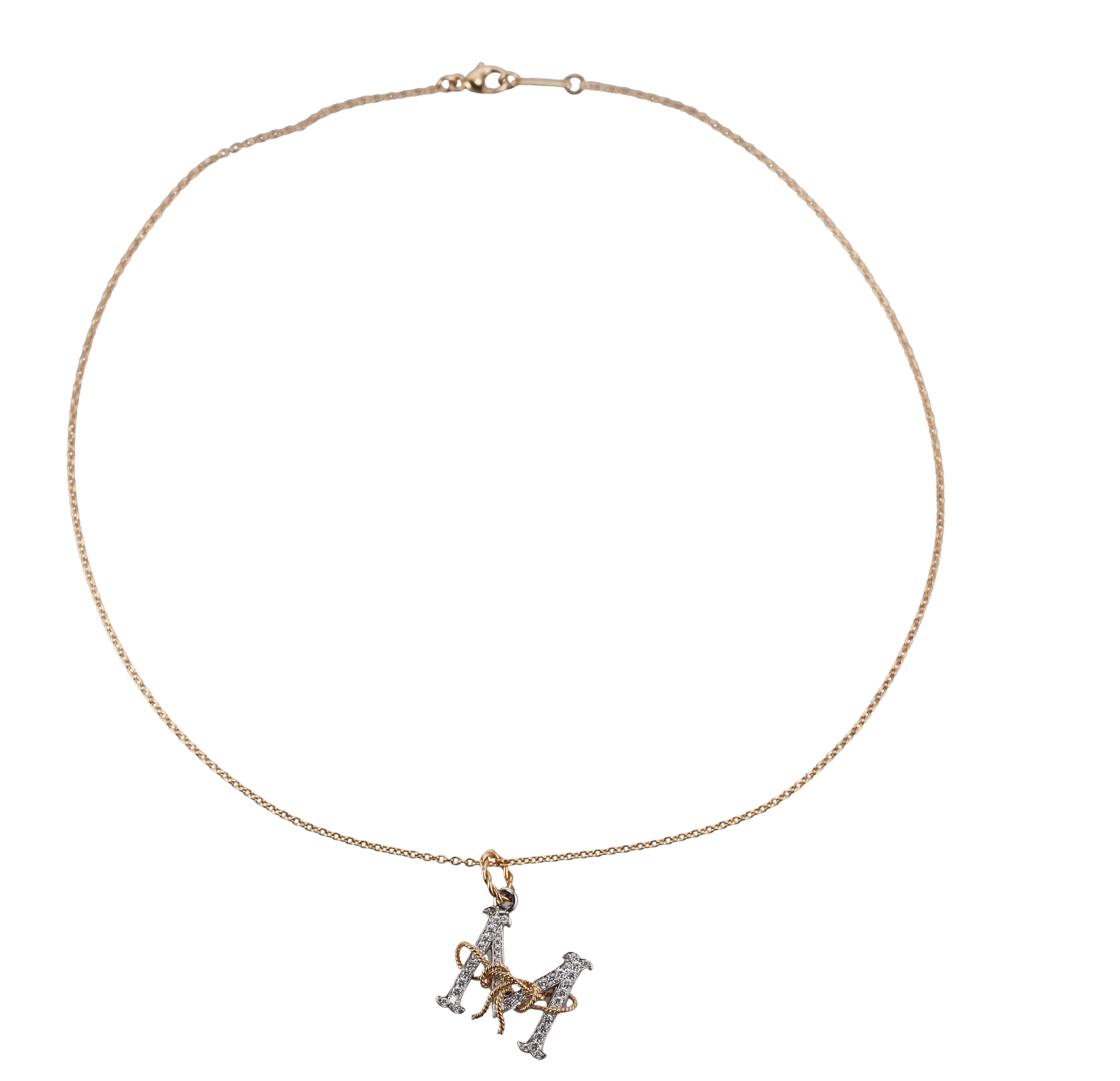 Verdura Diamond Gold Platinum Small Caps Letter M Pendant Necklace