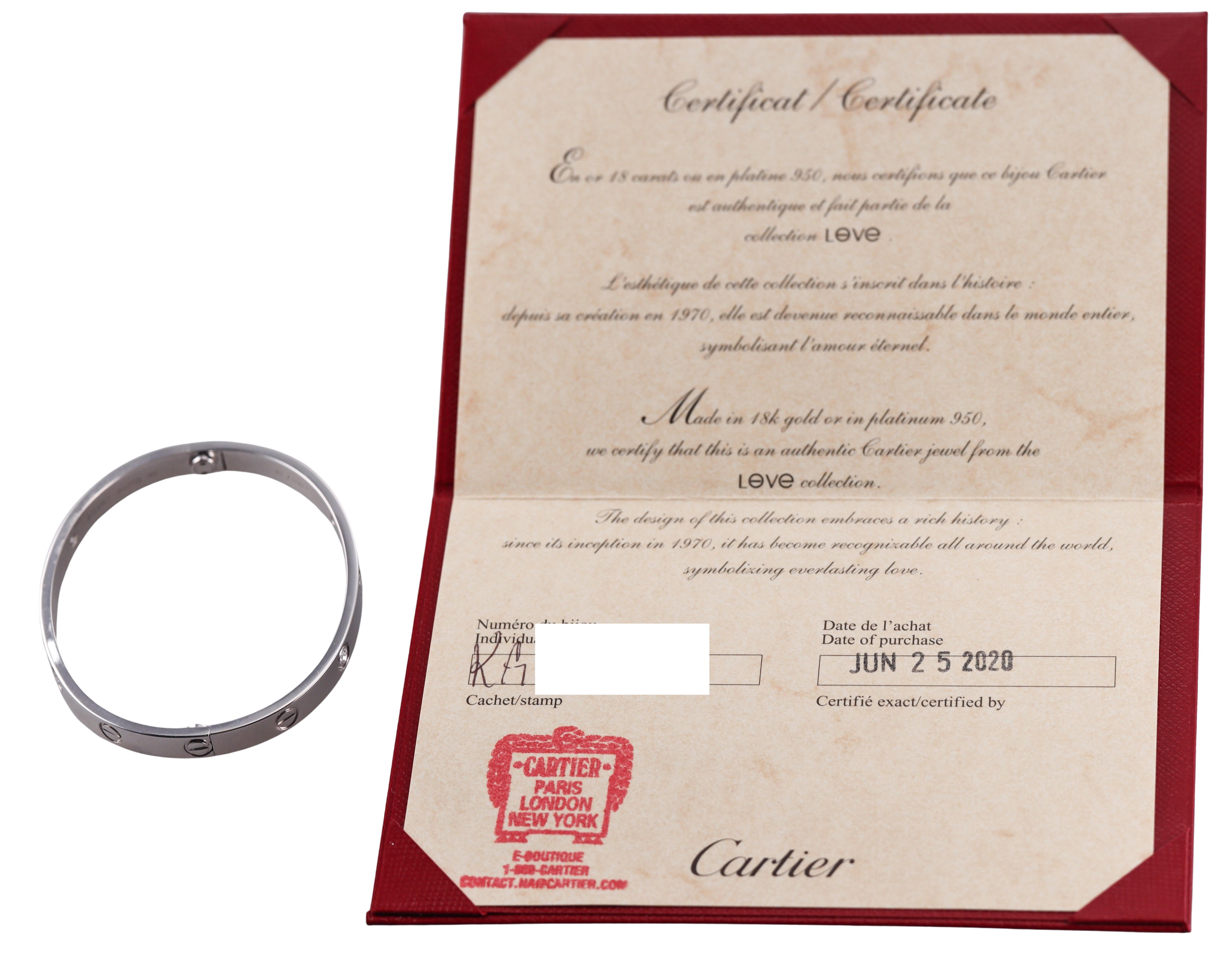 Cartier Love 4 Diamonds White Gold Classic Model Bracelet Size 17