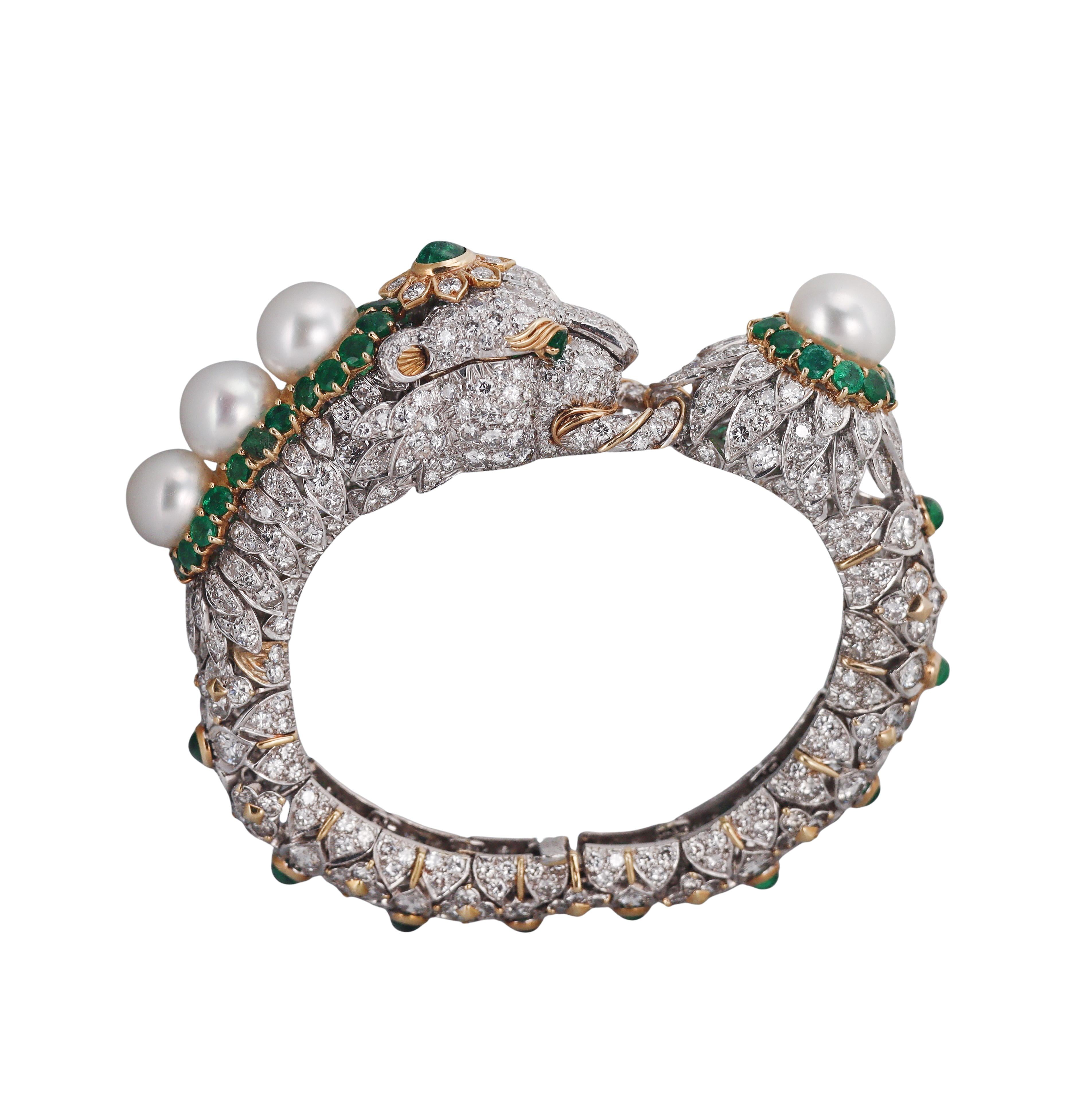 David Webb 27 Carat Diamond Emerald Pearl Gold Platinum Panther Bracelet Watch