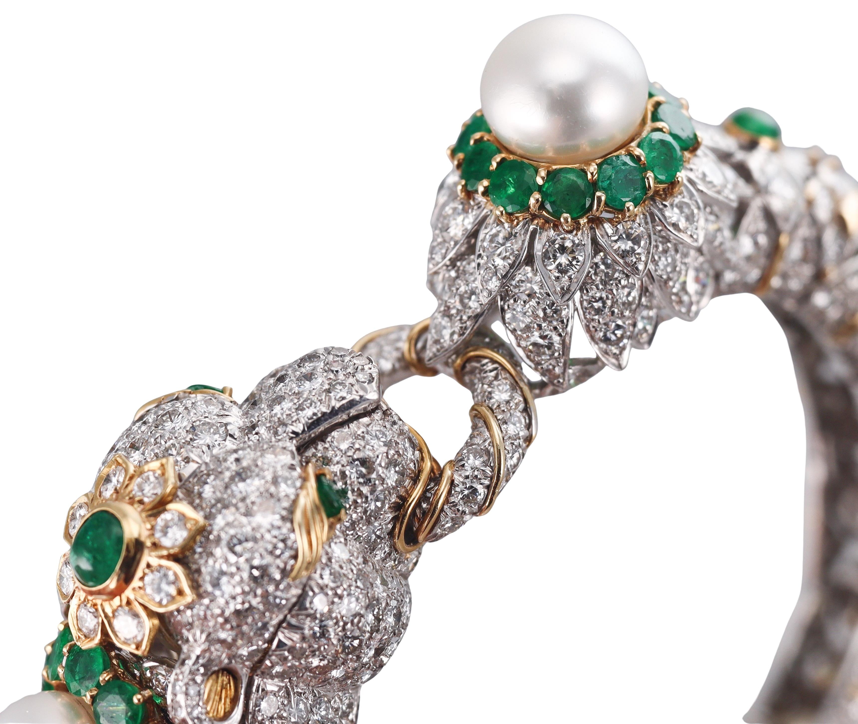David Webb 27 Carat Diamond Emerald Pearl Gold Platinum Panther Bracelet Watch