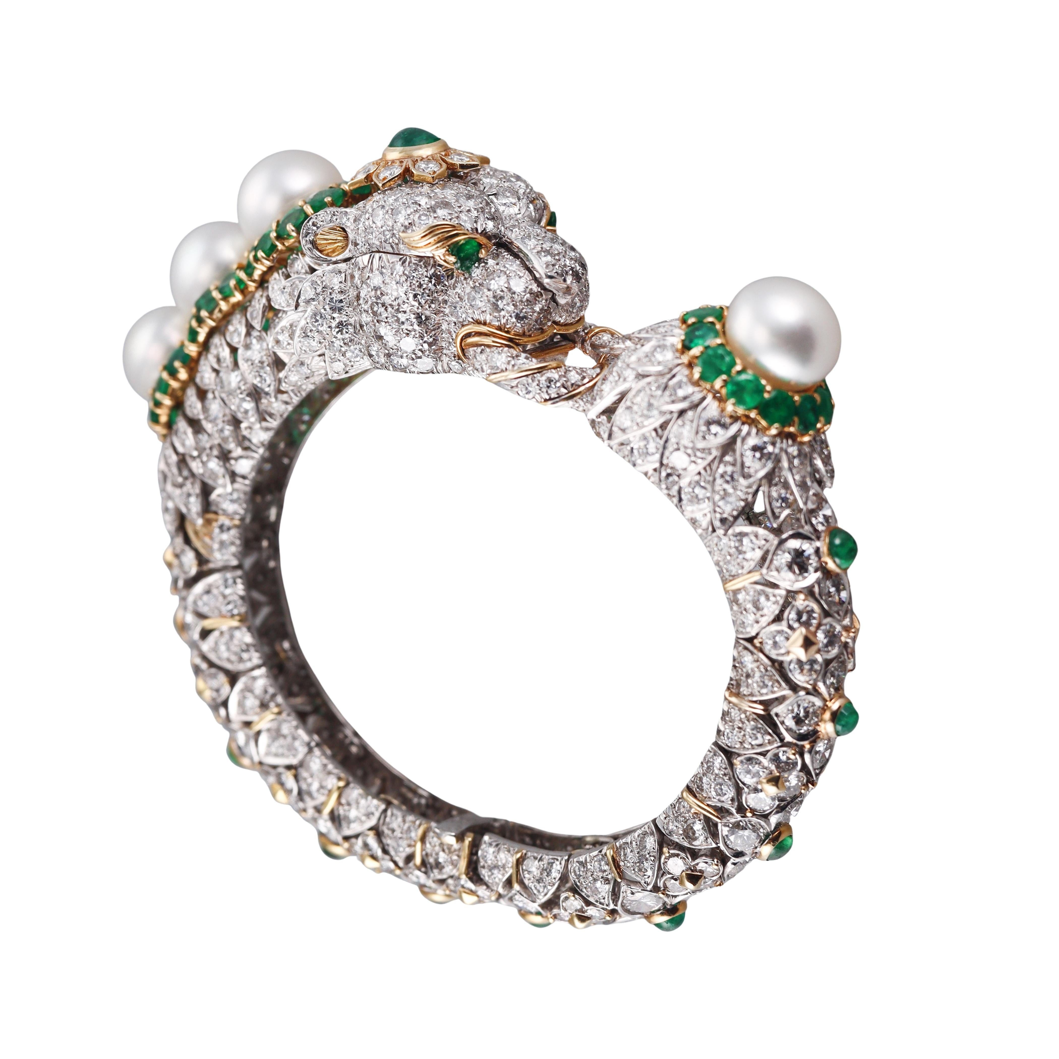 David Webb 27 Carat Diamond Emerald Pearl Gold Platinum Panther Bracelet Watch
