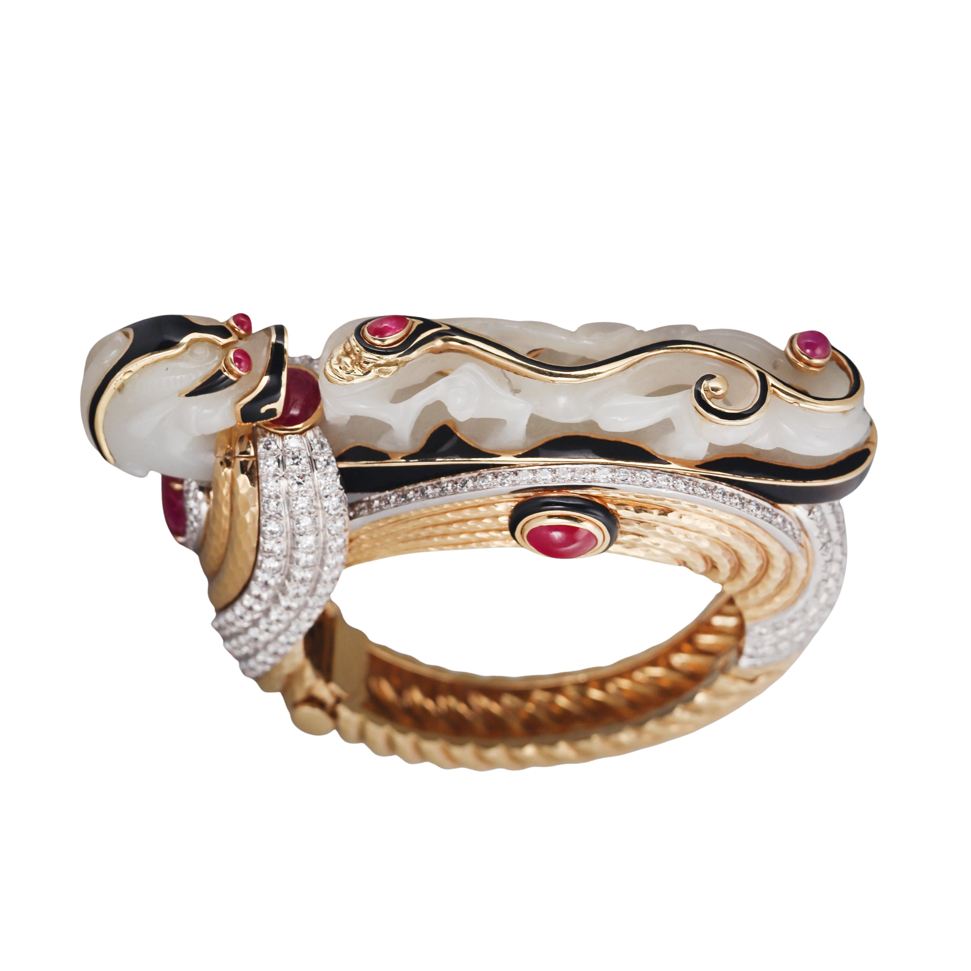 David Webb Carved Jade Diamond Ruby Enamel Gold Platinum Bracelet