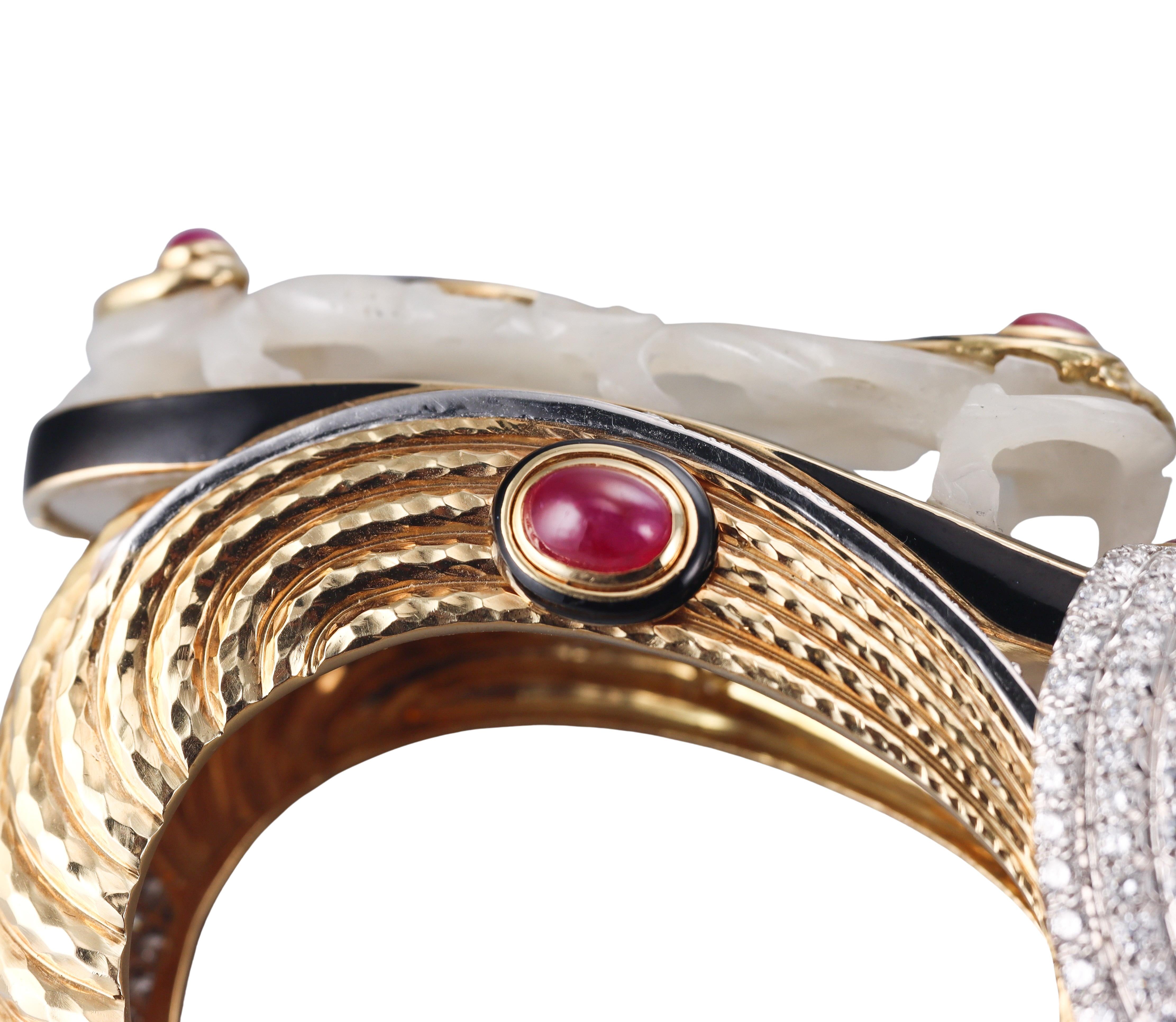 David Webb Carved Jade Diamond Ruby Enamel Gold Platinum Bracelet