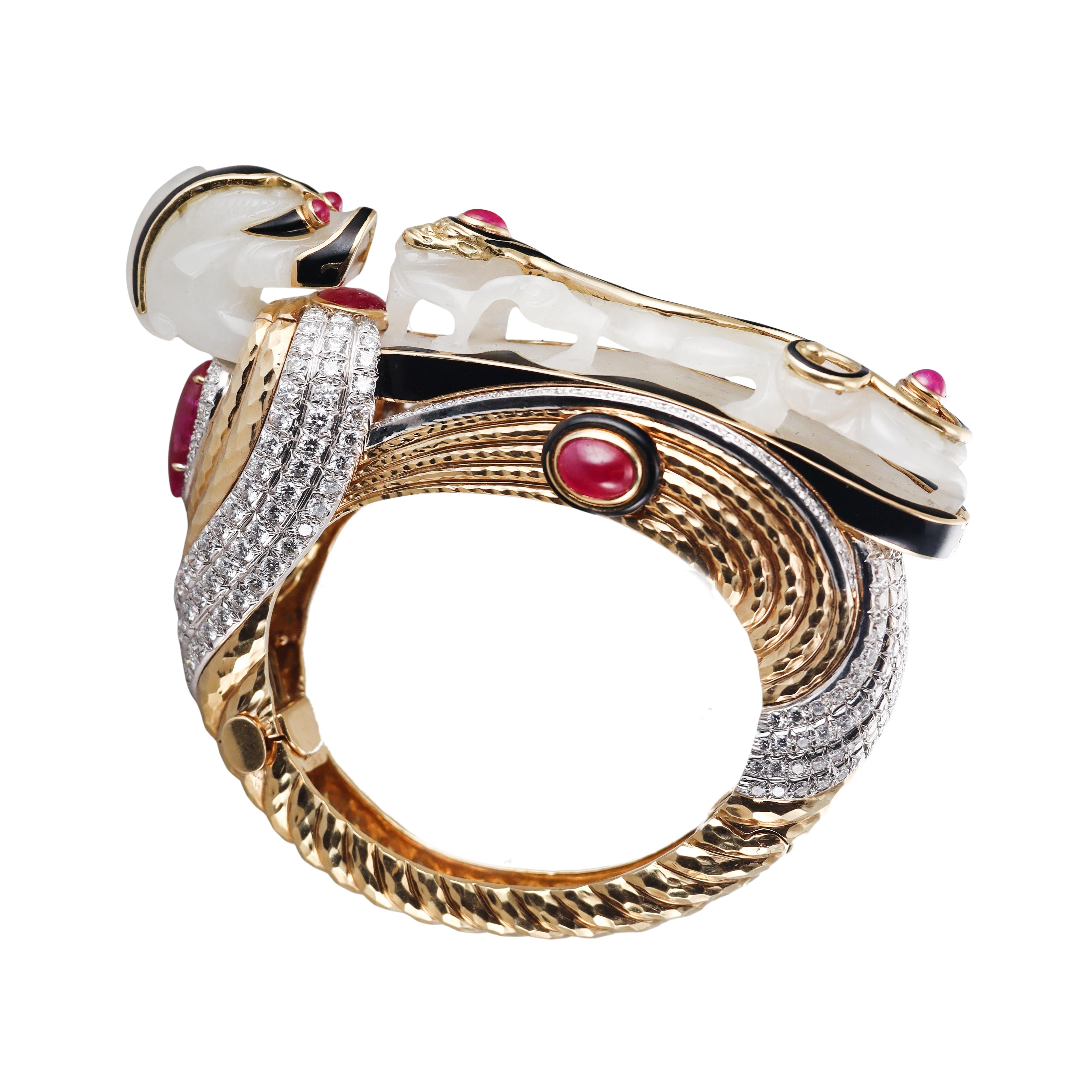 David Webb Carved Jade Diamond Ruby Enamel Gold Platinum Bracelet