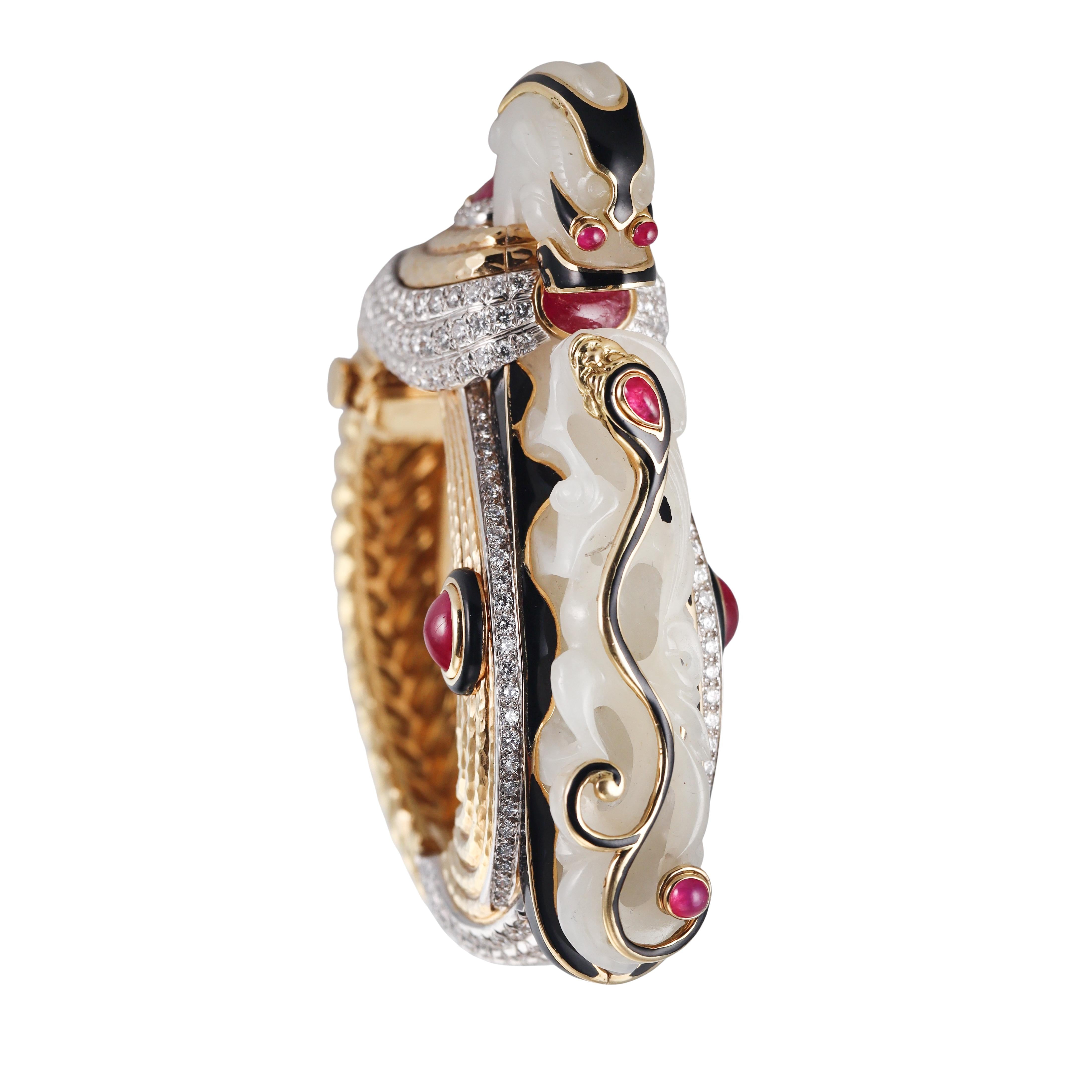 David Webb Carved Jade Diamond Ruby Enamel Gold Platinum Bracelet