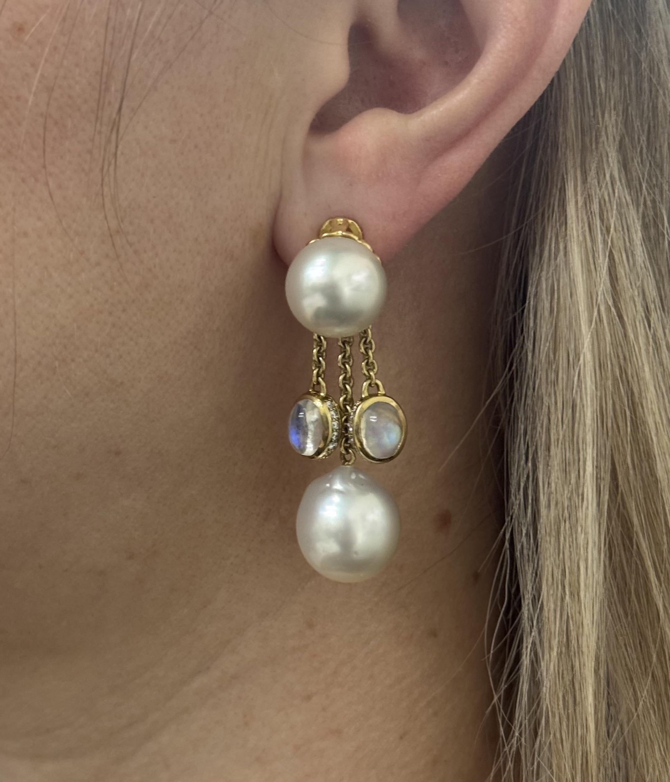 South Sea Pearl Moonstone Diamond Gold Drop Earrings