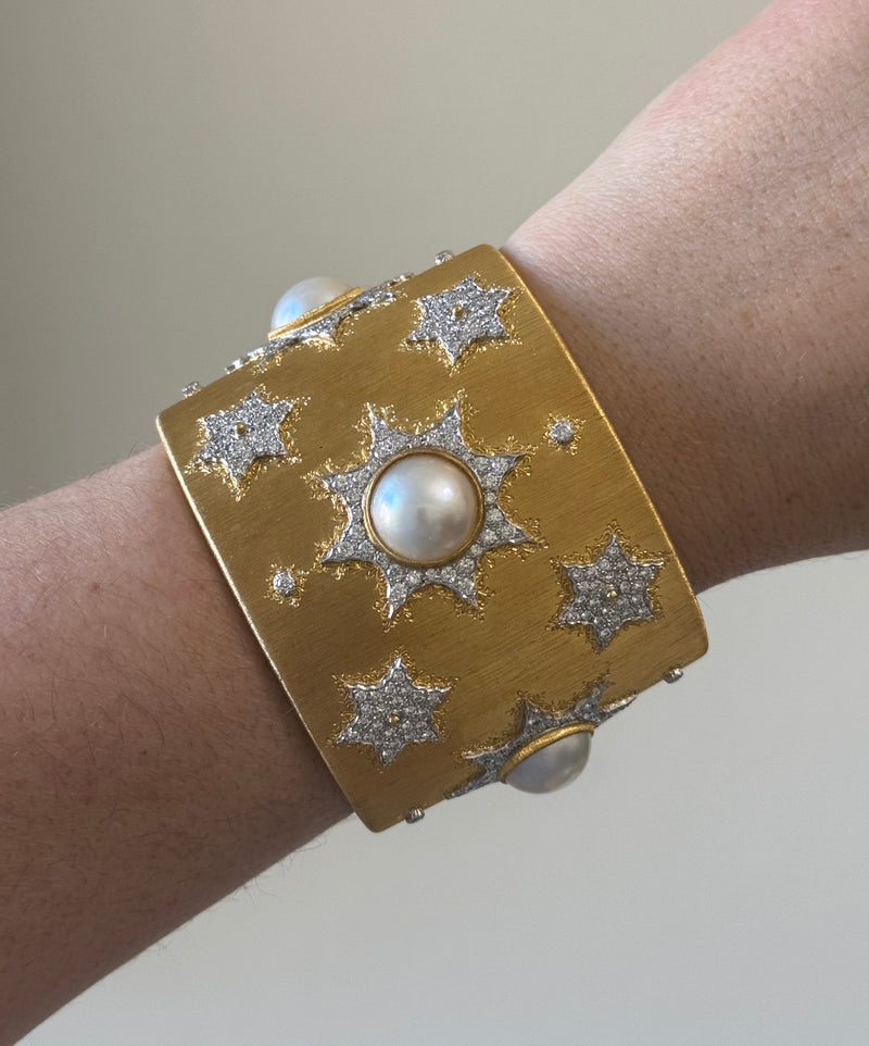 Mario Buccellati Pearl Diamond Gold Cuff Bracelet