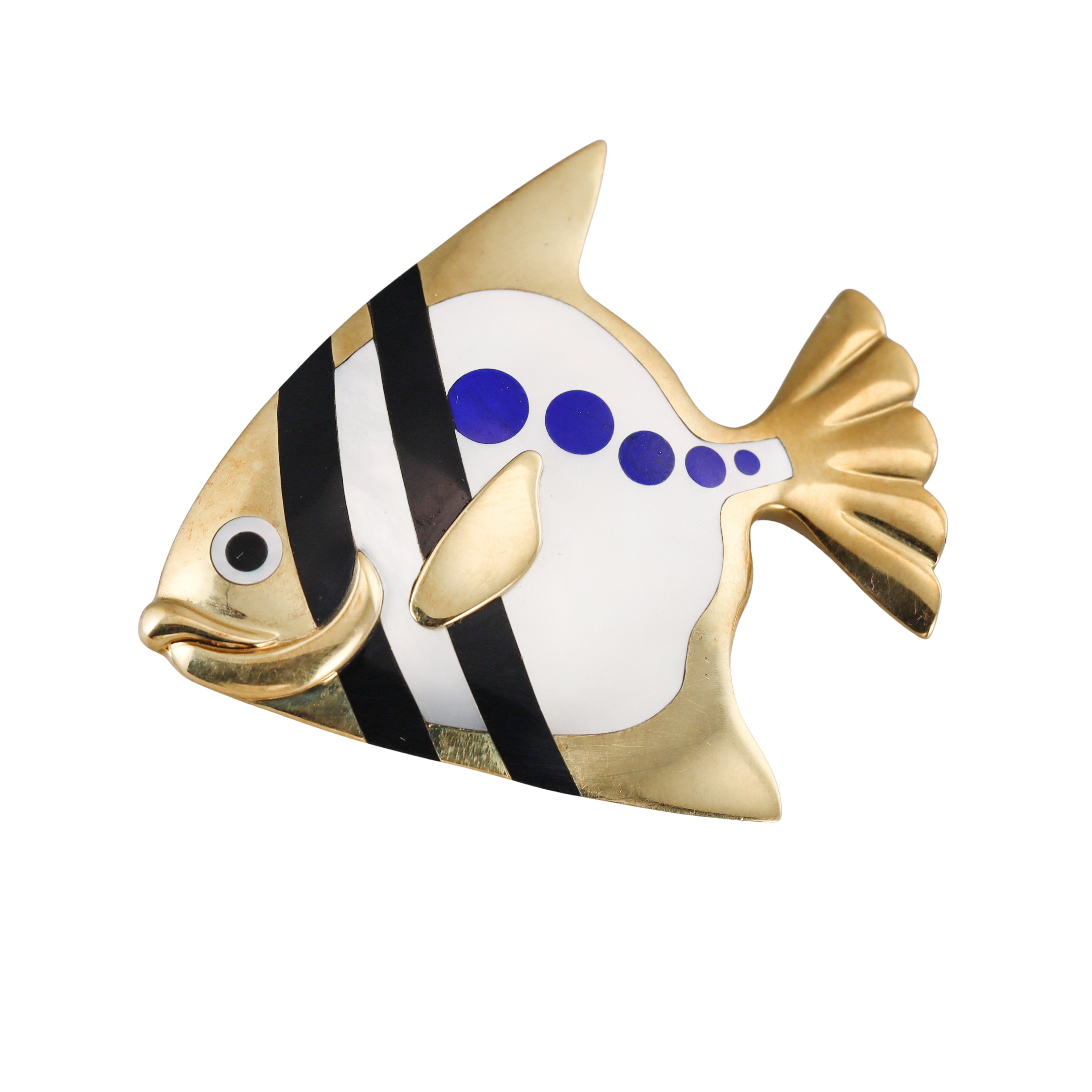 Tiffany & Co Black Jade MOP Lapis Gold Fish Brooch