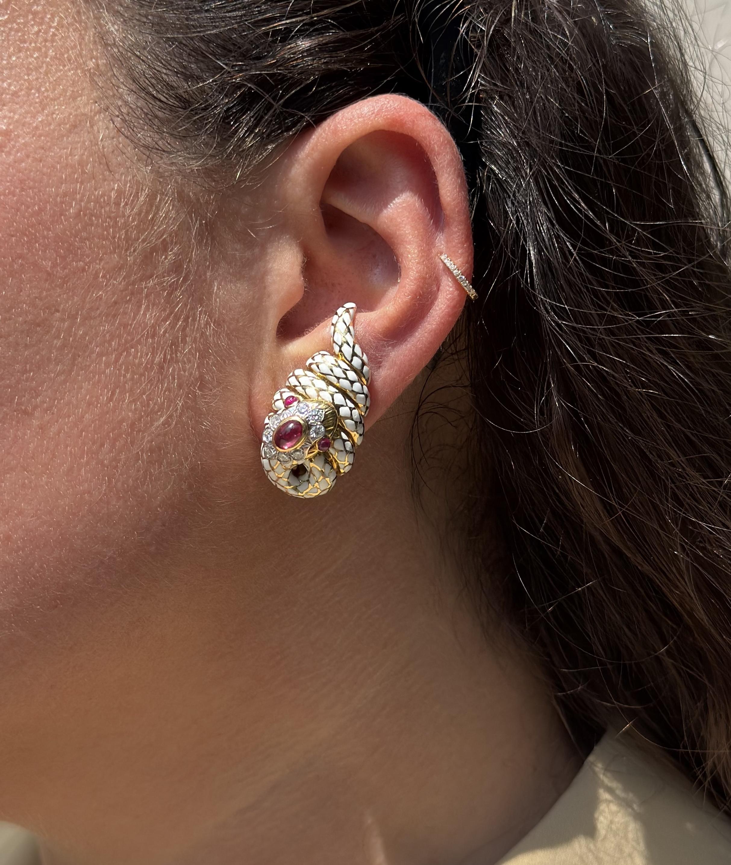 David Webb Coiled Snake Enamel Diamond Ruby Gold Platinum Earrings