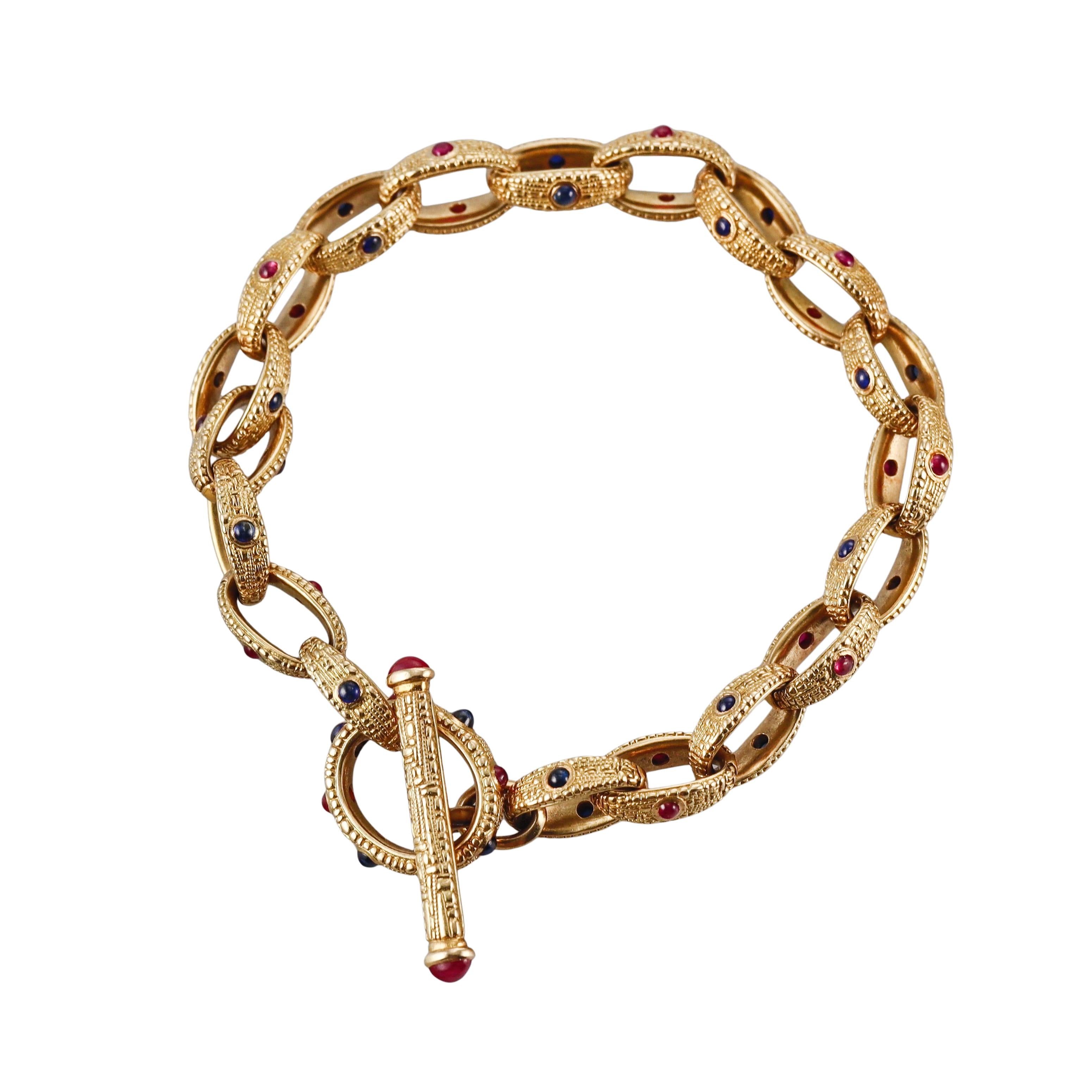Alex Sepkus Vintage Sapphire Ruby Gold Oval Link Toggle Bracelet
