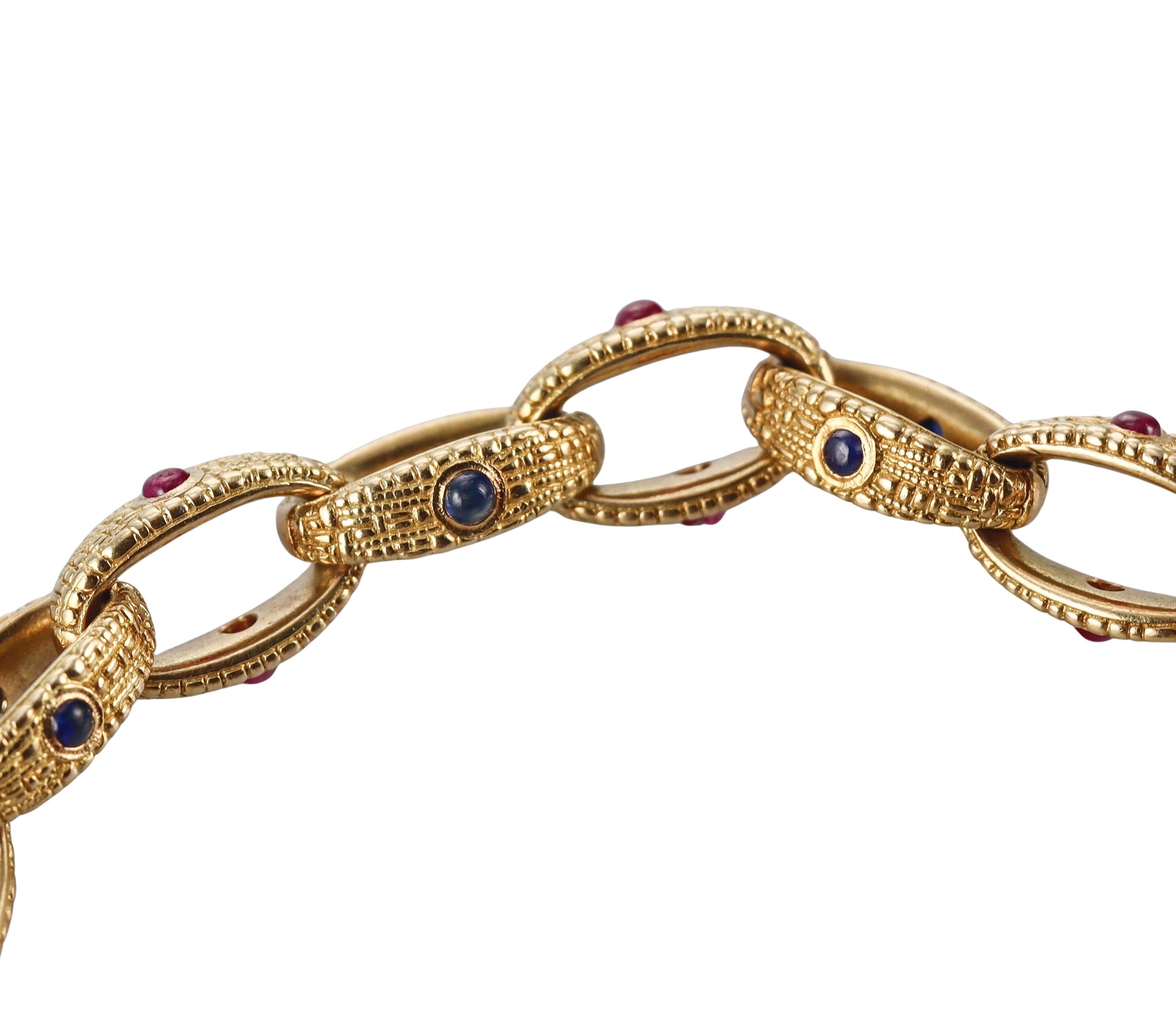 Alex Sepkus Vintage Sapphire Ruby Gold Oval Link Toggle Bracelet