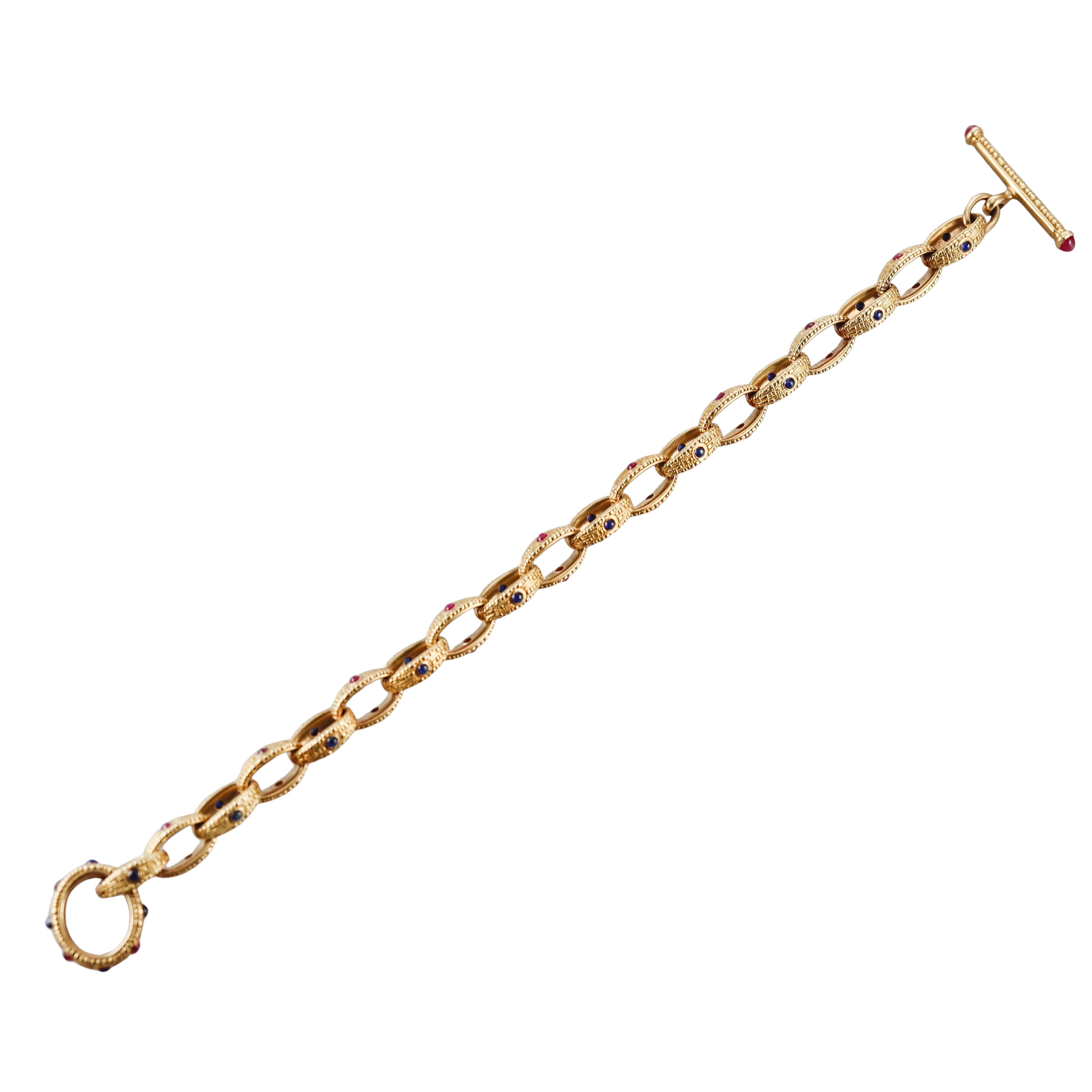 Alex Sepkus Vintage Sapphire Ruby Gold Oval Link Toggle Bracelet