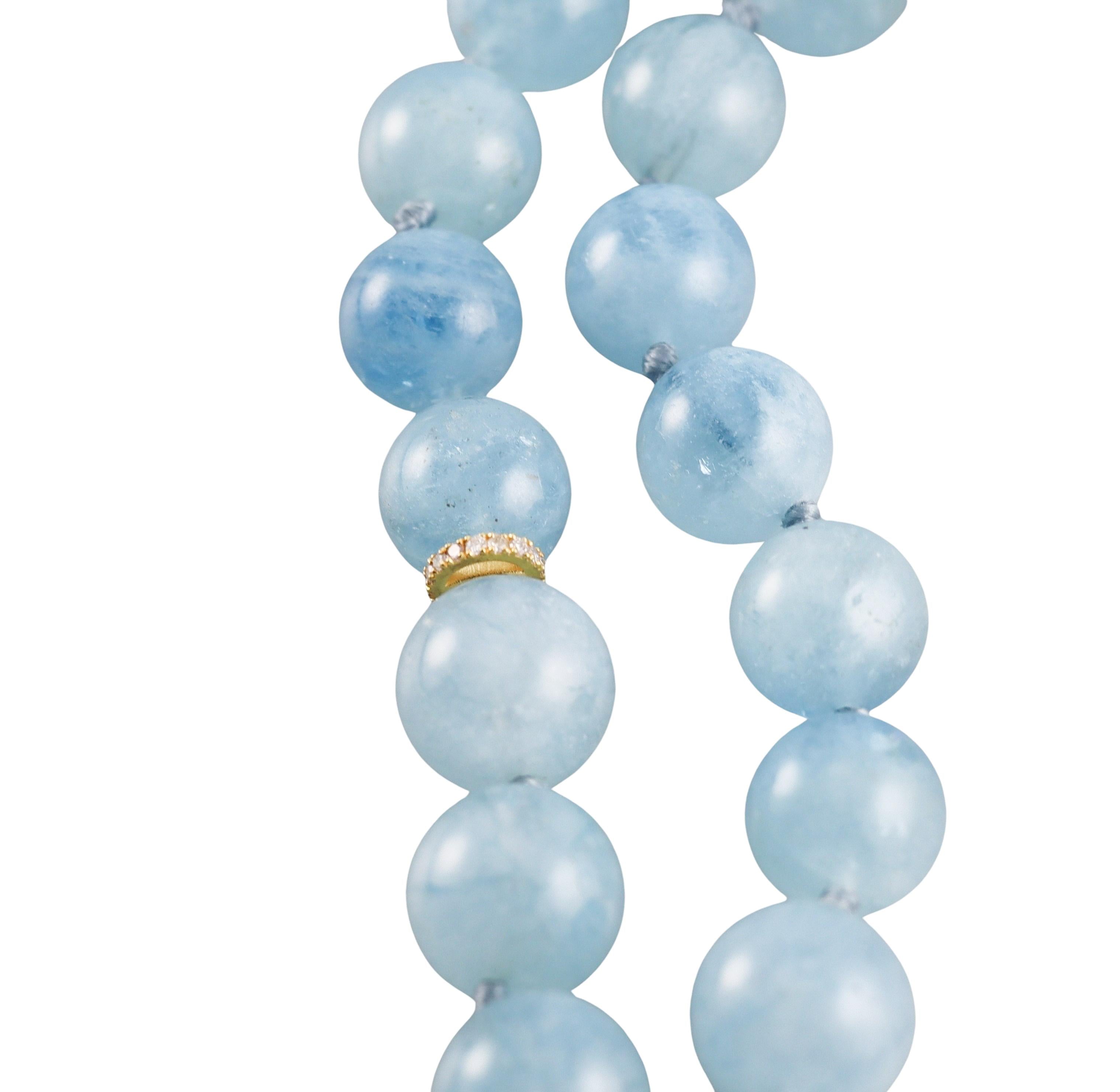 Italian Aquamarine Bead Diamond Gold Double Strand Necklace