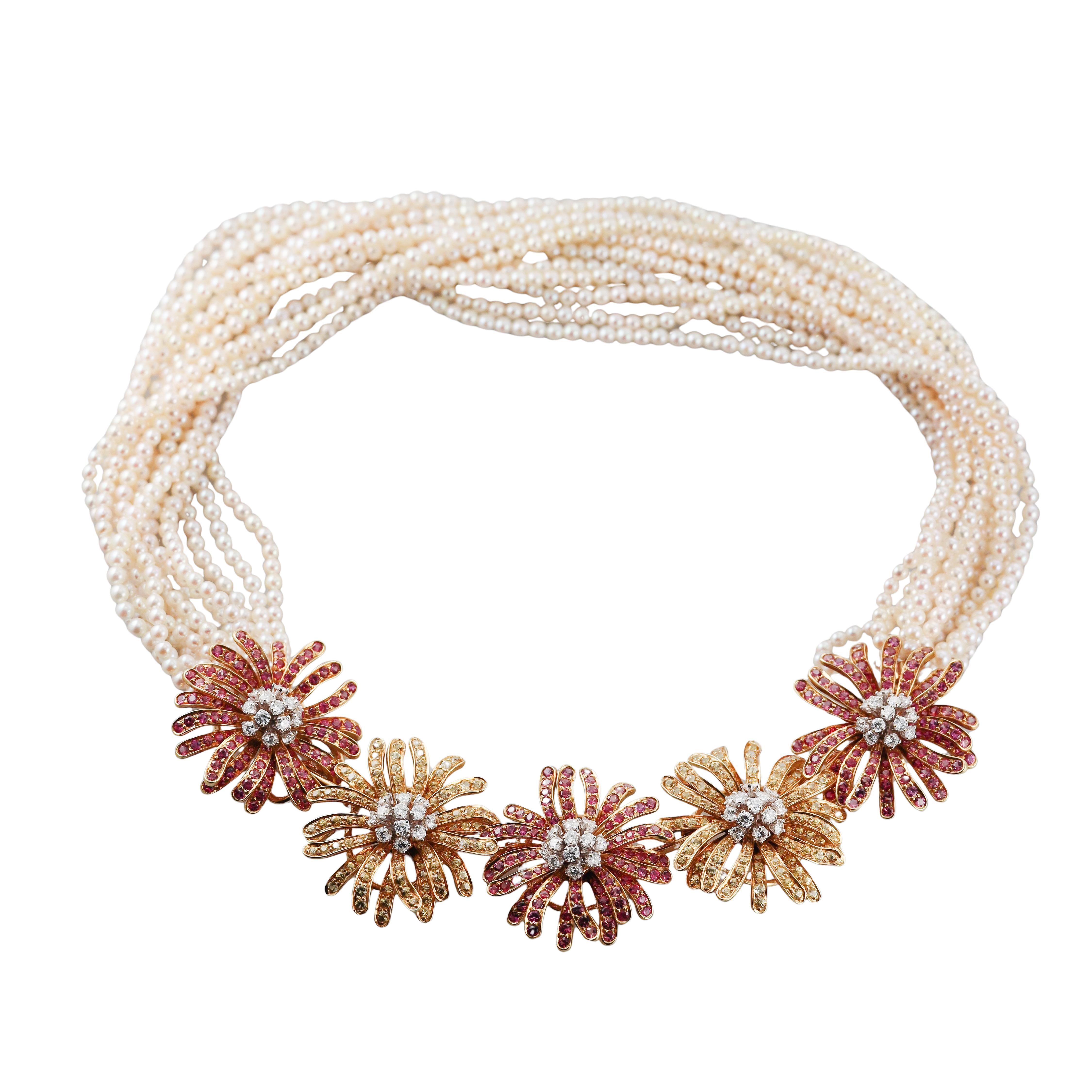Jean Vitau Pearl Pink Yellow Sapphire Diamond Gold Flower Torsade Necklace