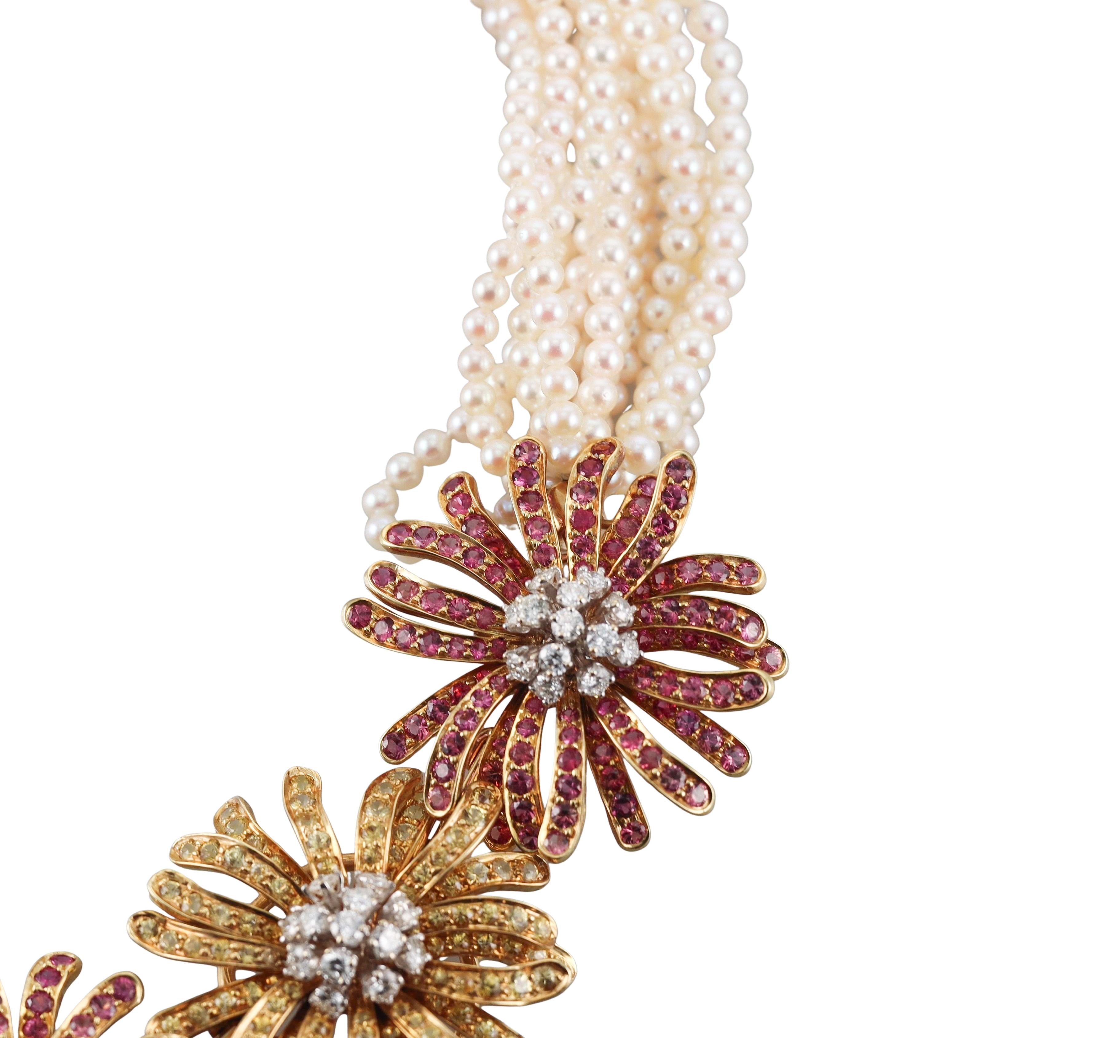 Jean Vitau Pearl Pink Yellow Sapphire Diamond Gold Flower Torsade Necklace