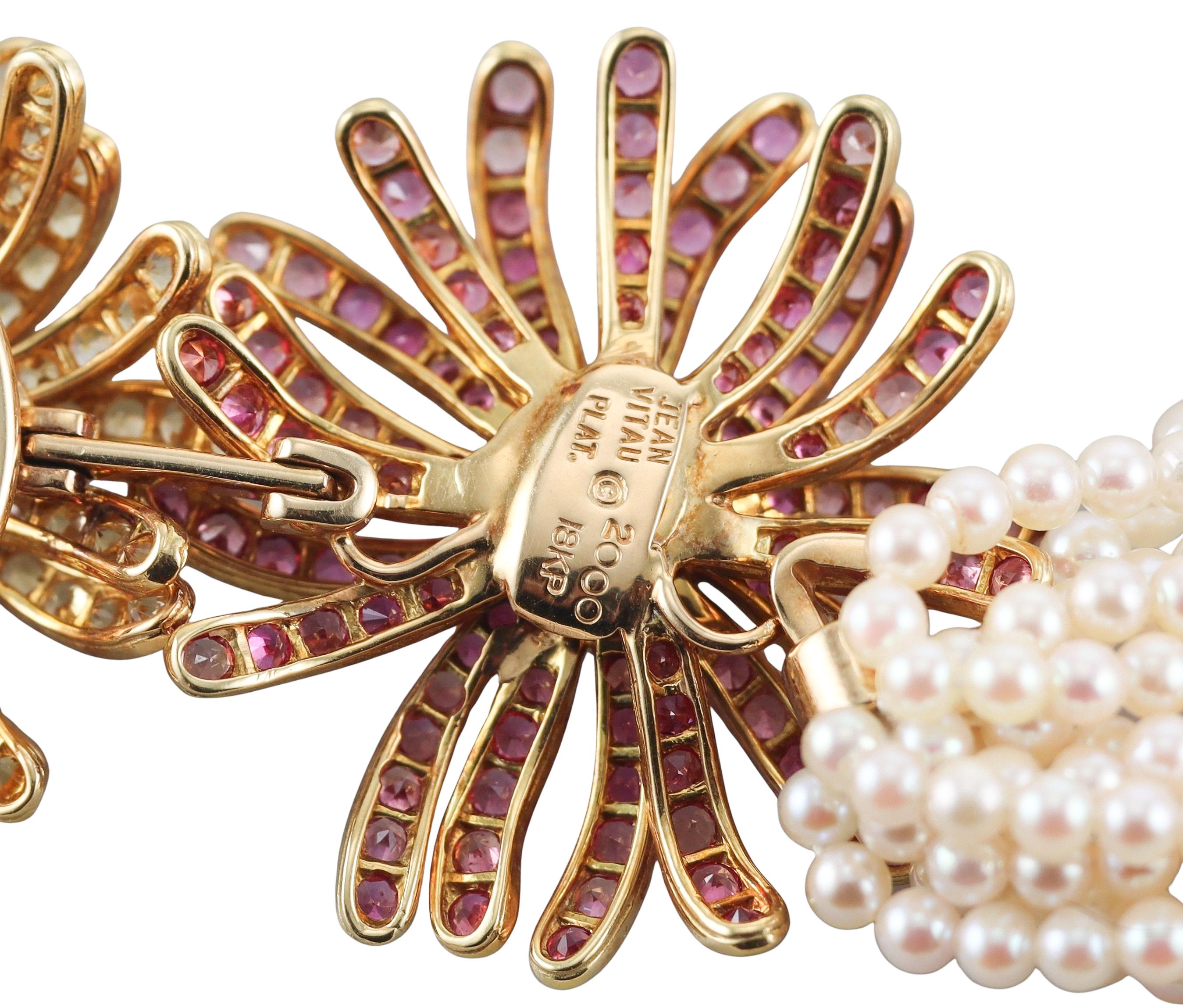 Jean Vitau Pearl Pink Yellow Sapphire Diamond Gold Flower Torsade Necklace