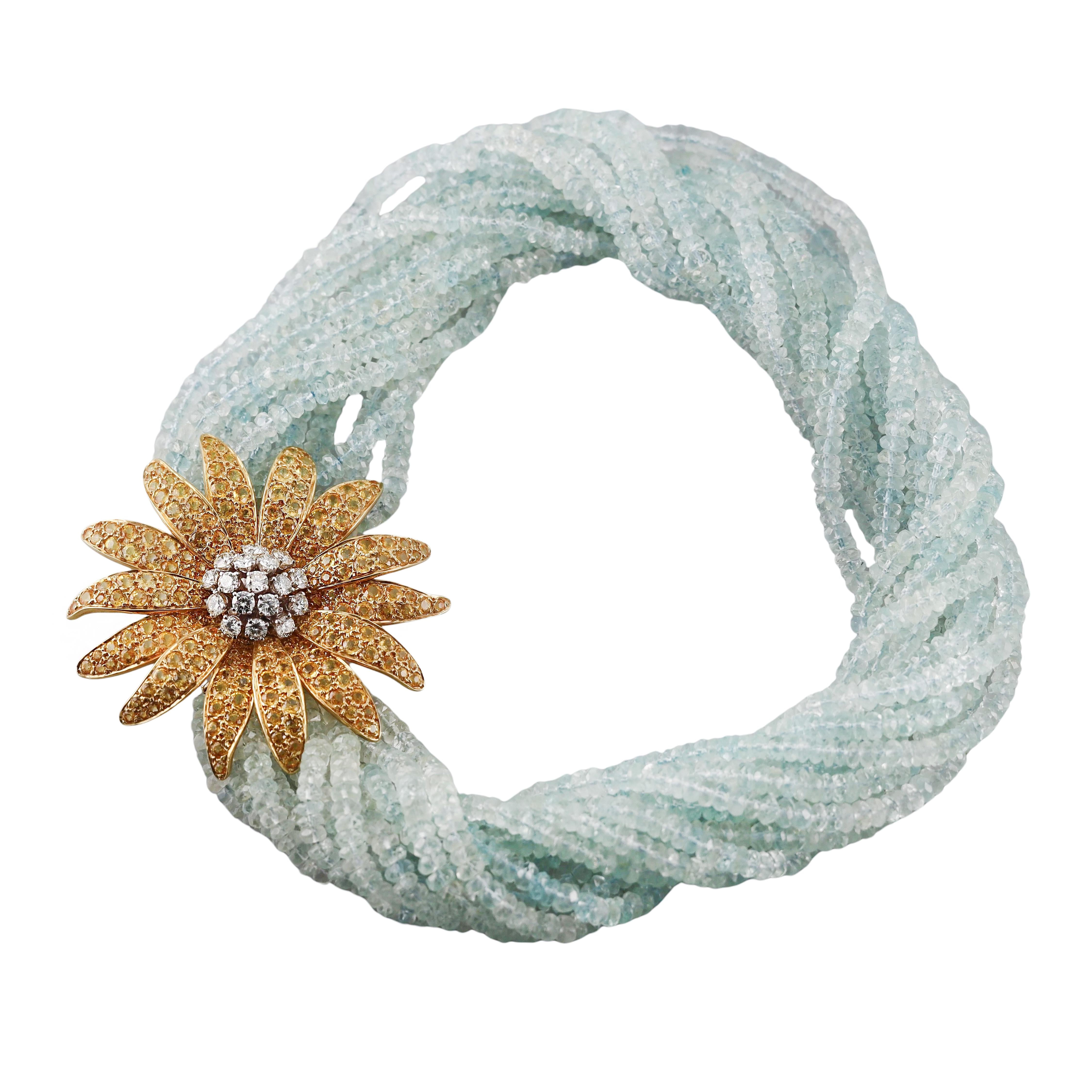 Jean Vitau Aquamarine Yellow Sapphire Diamond Flower Torsade Necklace