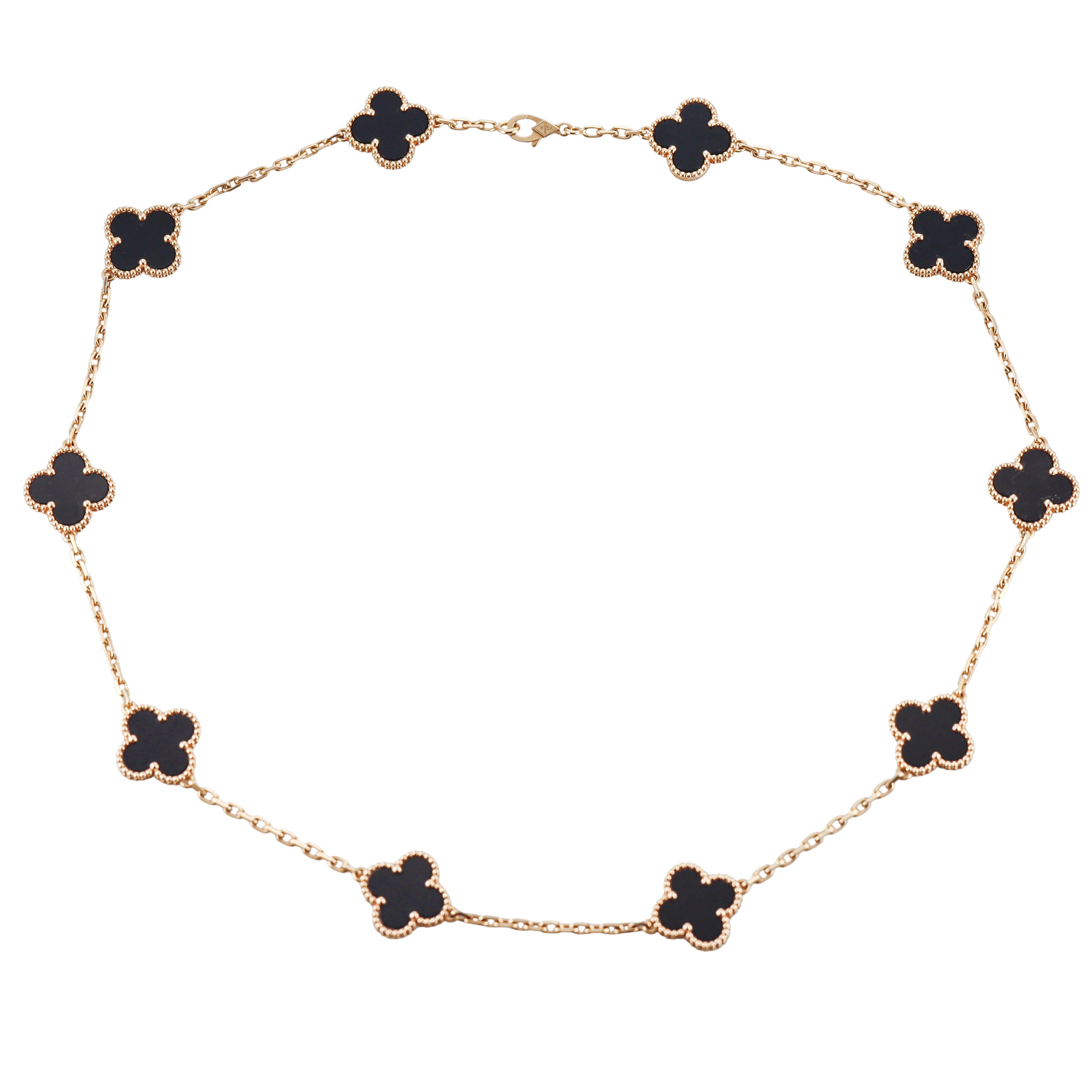 Van Cleef & Arpels Vintage Alhambra Onyx Gold 10 Motifs Necklace