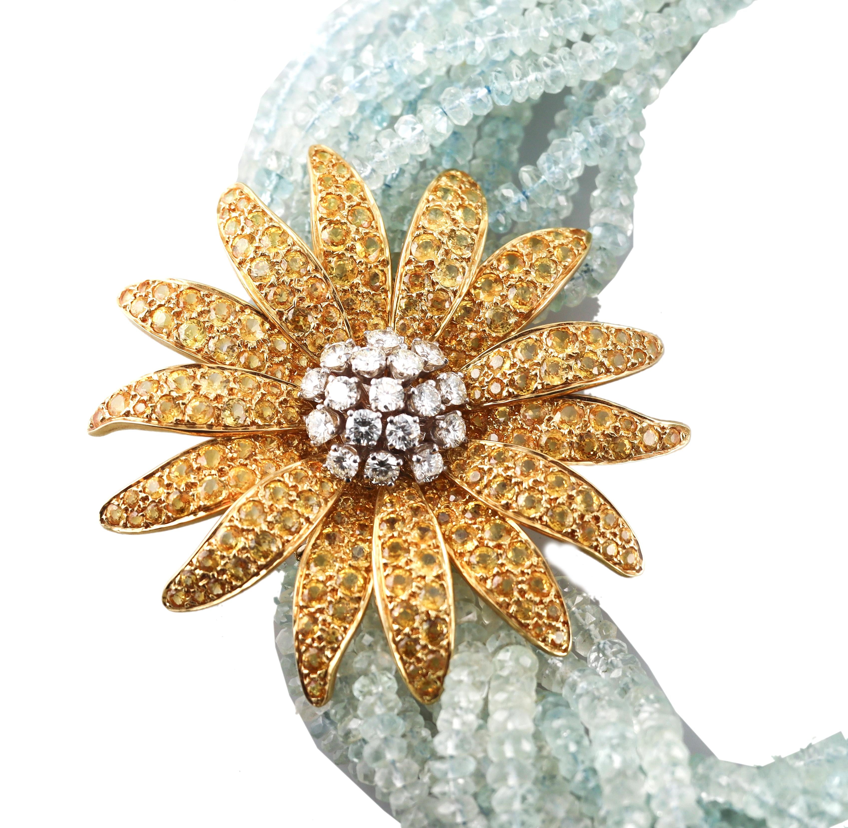 Jean Vitau Aquamarine Yellow Sapphire Diamond Flower Torsade Necklace