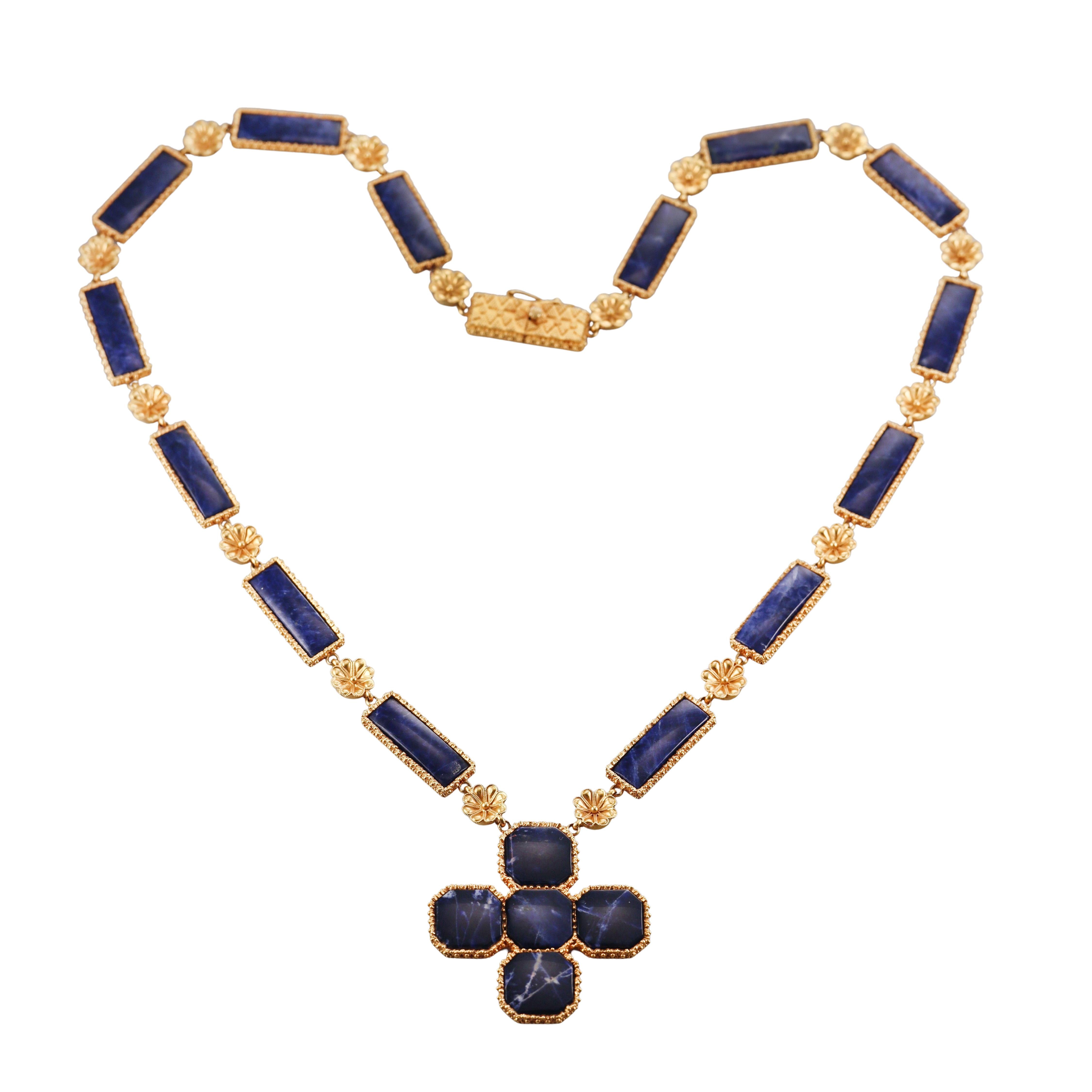 Lalaounis Greece Sodalite Gold Pendant Necklace