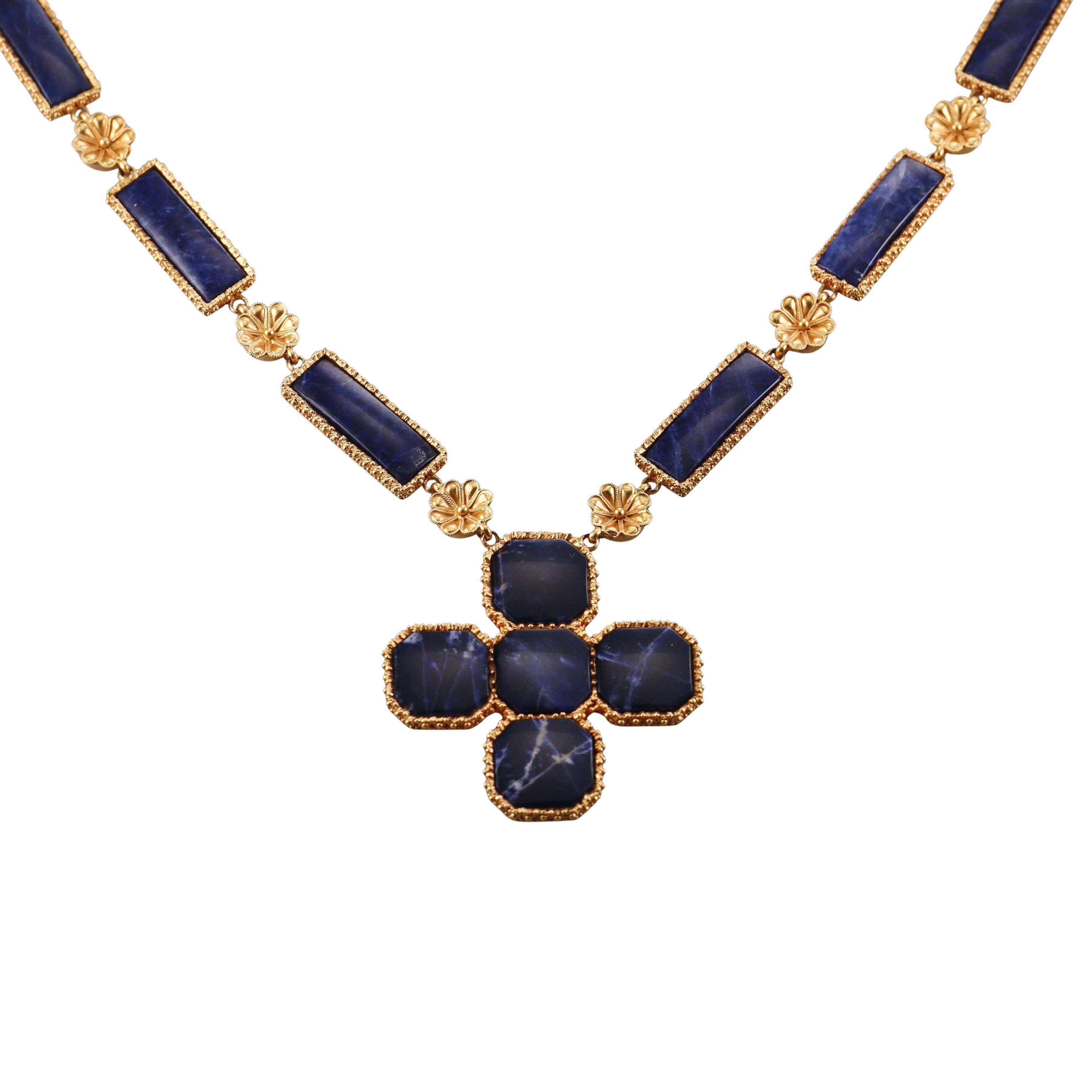 Lalaounis Greece Sodalite Gold Pendant Necklace