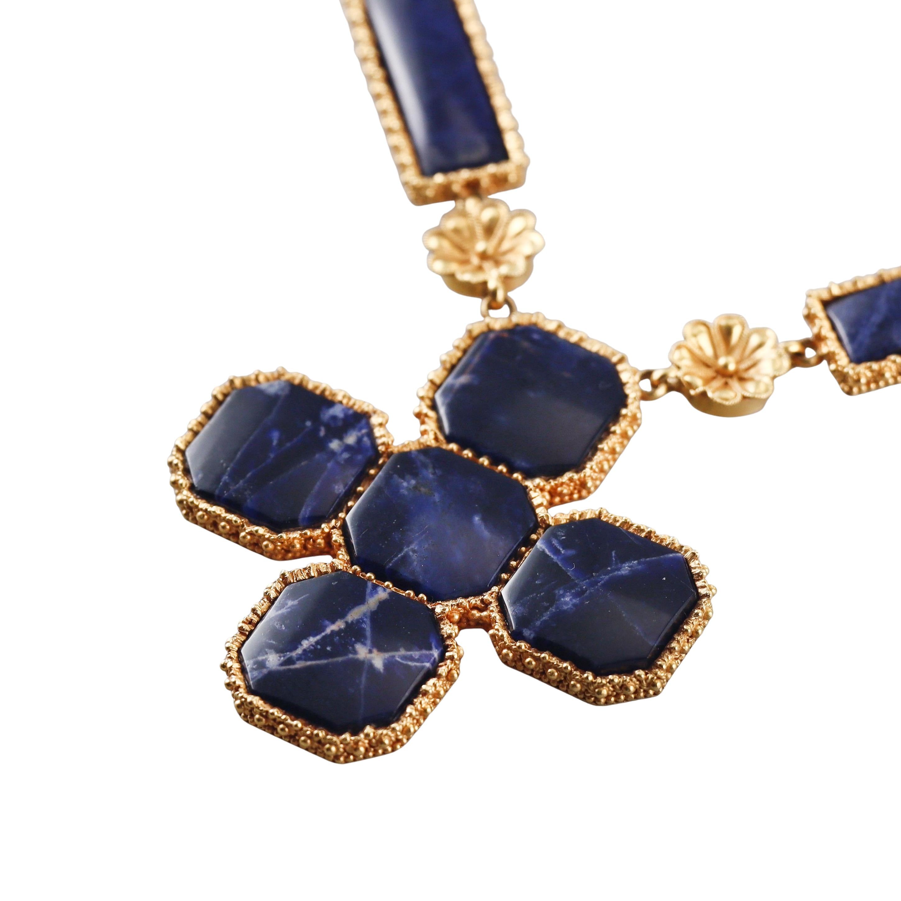 Lalaounis Greece Sodalite Gold Pendant Necklace