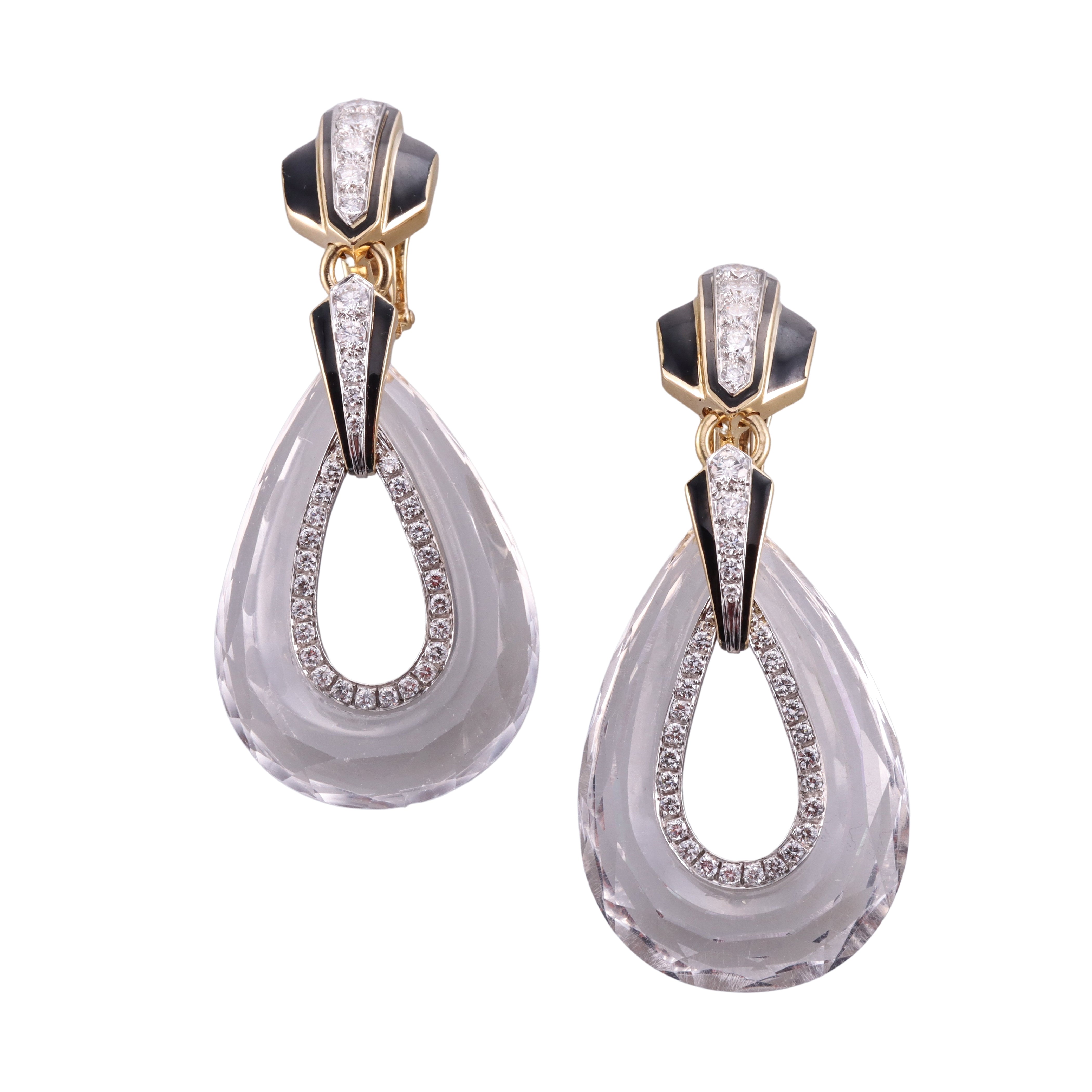 David Webb Crystal Diamond Enamel Gold Platinum Drop Earrings