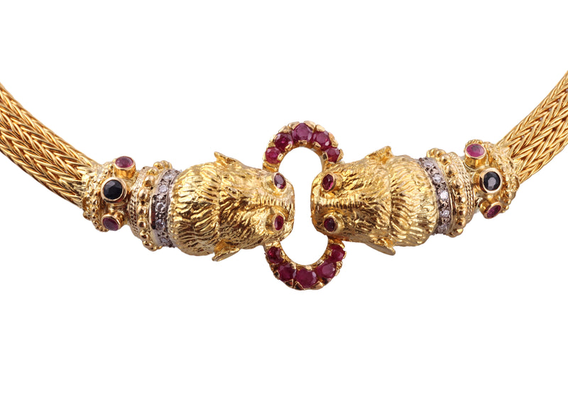 Lalaounis Greece Diamond Ruby Sapphire Gold Chimera Necklace