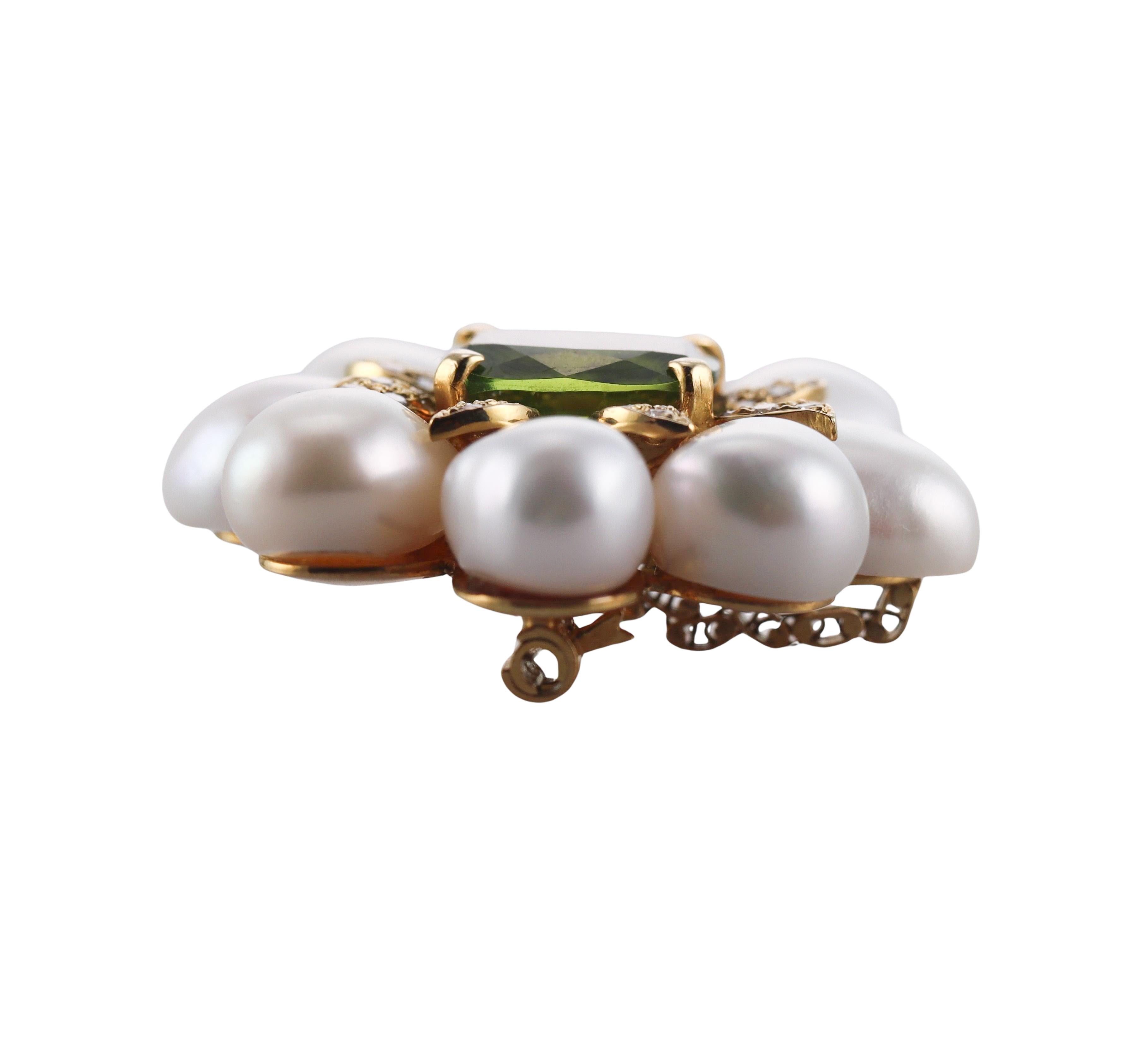 Peridot Pearl Diamond Floral Gold Brooch