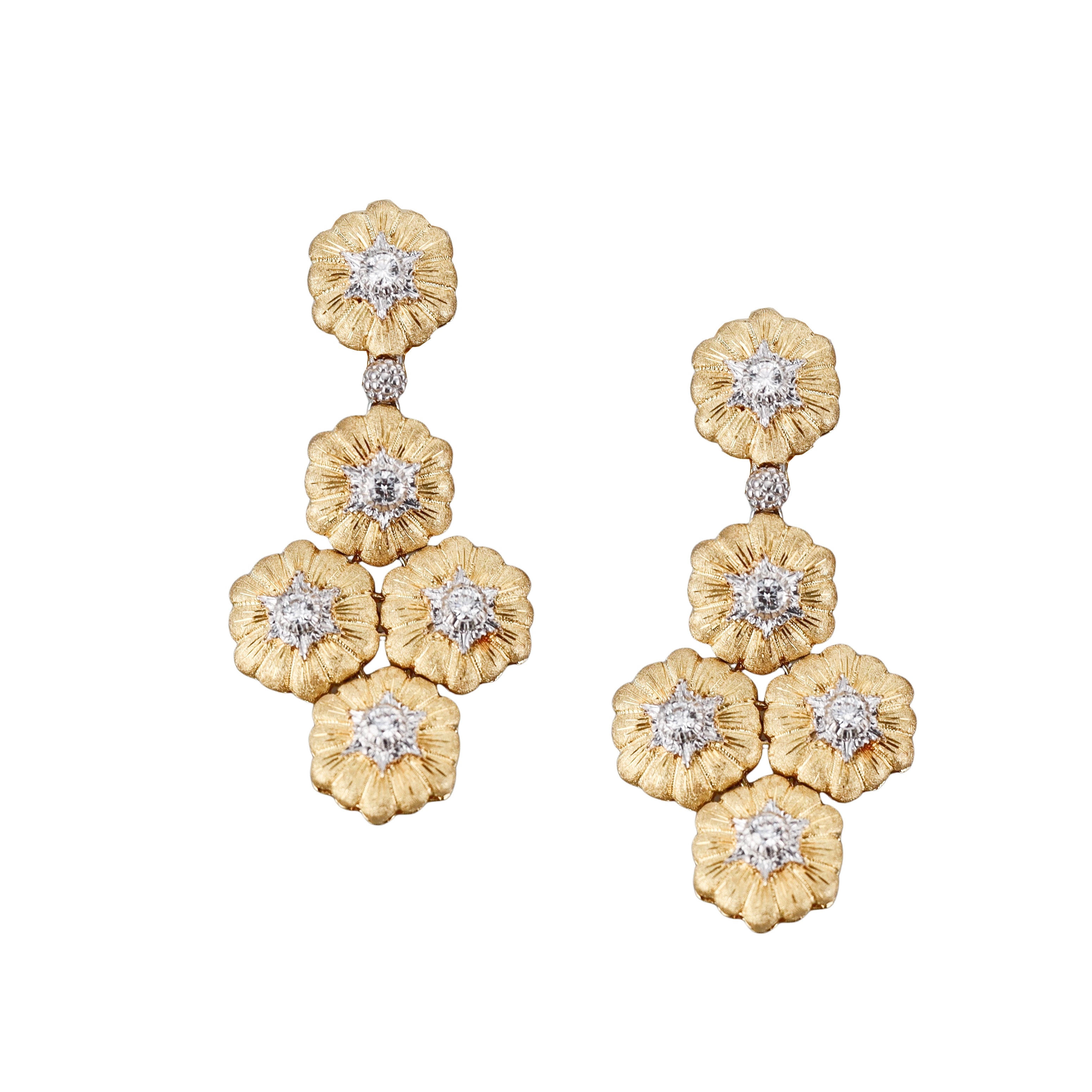 Buccellati Gold Diamond Flower Motif Drop Earrings
