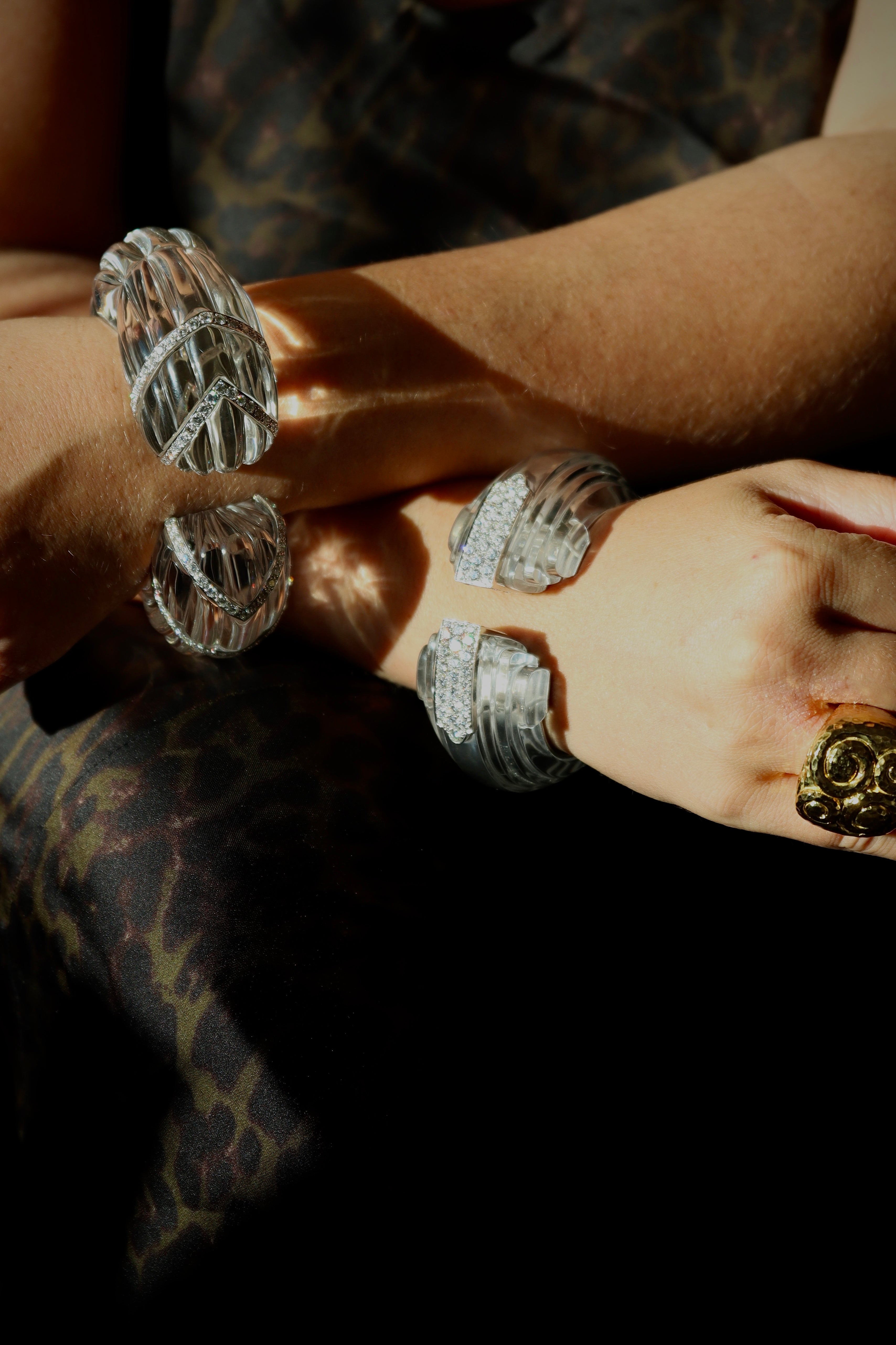 David Webb Crystal Diamond Gold Platinum Step Cuff Bracelet